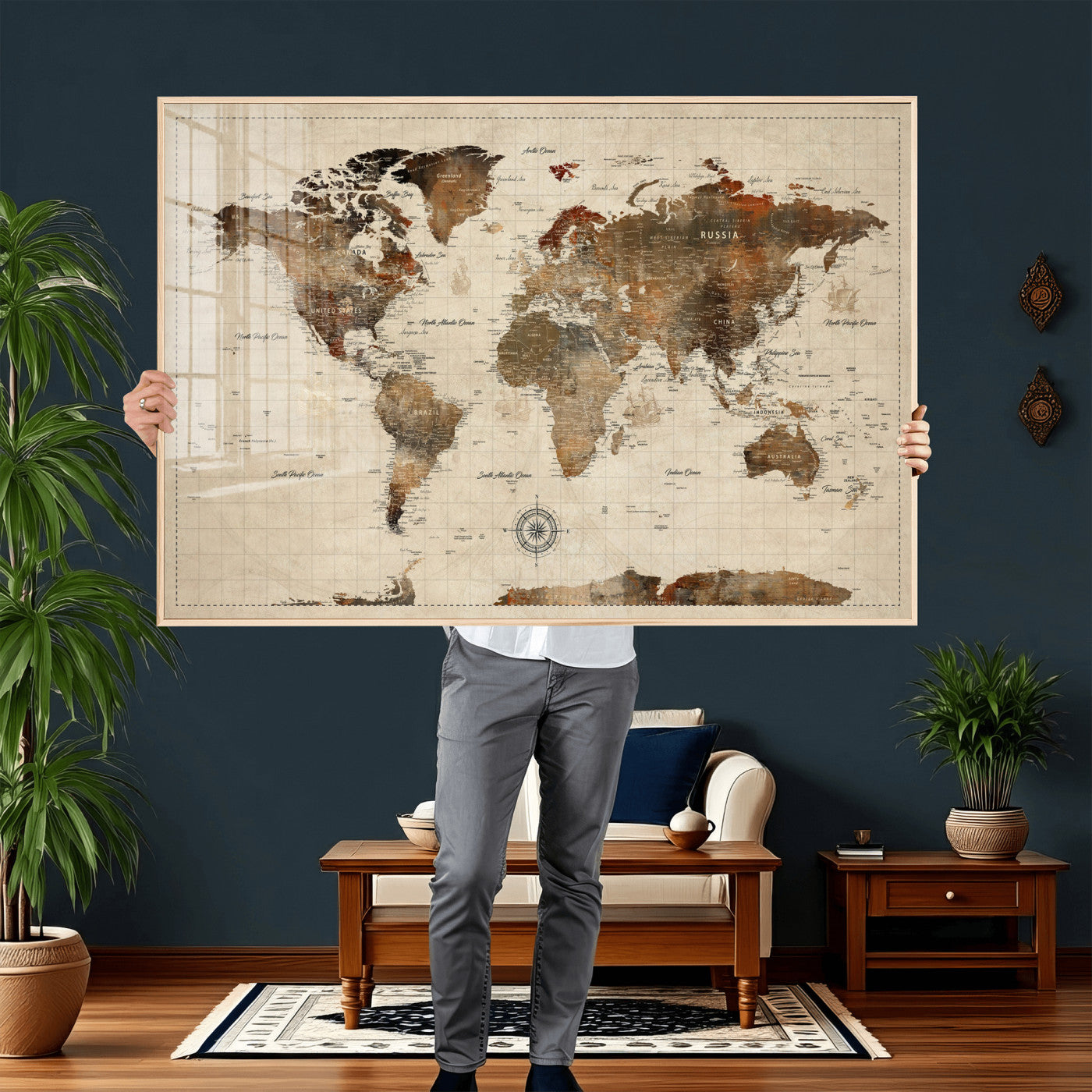 23610090-MGV-CV-36X24 - World Map Wall Art Canvas Print, Modern Decorative Framed Map Artwork Prints for Living Room, Office, Bedroom Wall Decor