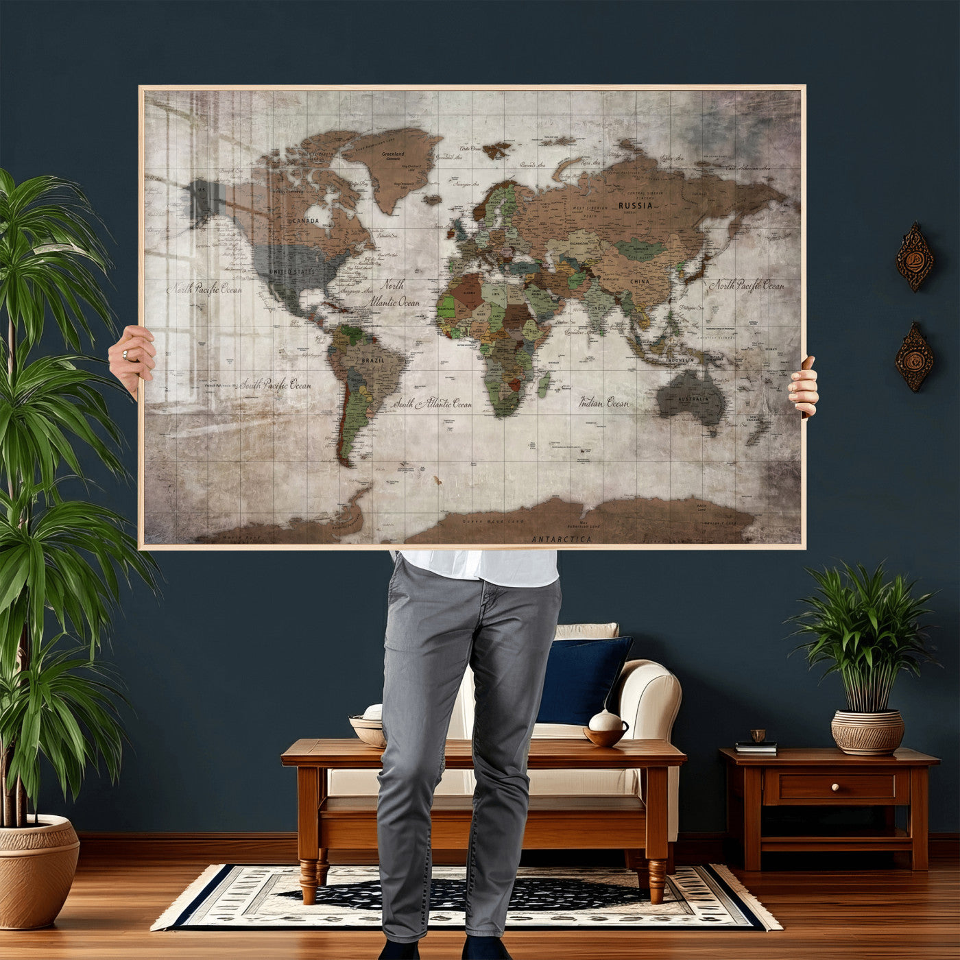 65393892-MGV-CV-36X24 - World Map Wall Art Canvas Print, Modern Decorative Framed Map Artwork Prints for Living Room, Office, Bedroom Wall Decor
