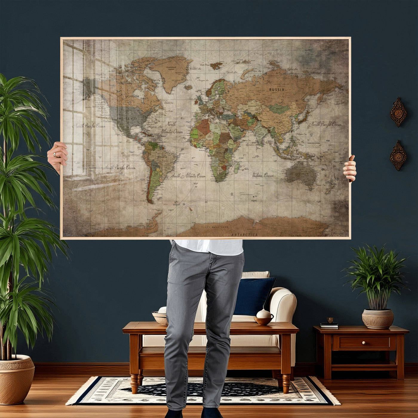 20356264-MGV-CV-36X24 - World Map Wall Art Canvas Print, Modern Decorative Framed Map Artwork Prints for Living Room, Office, Bedroom Wall Decor