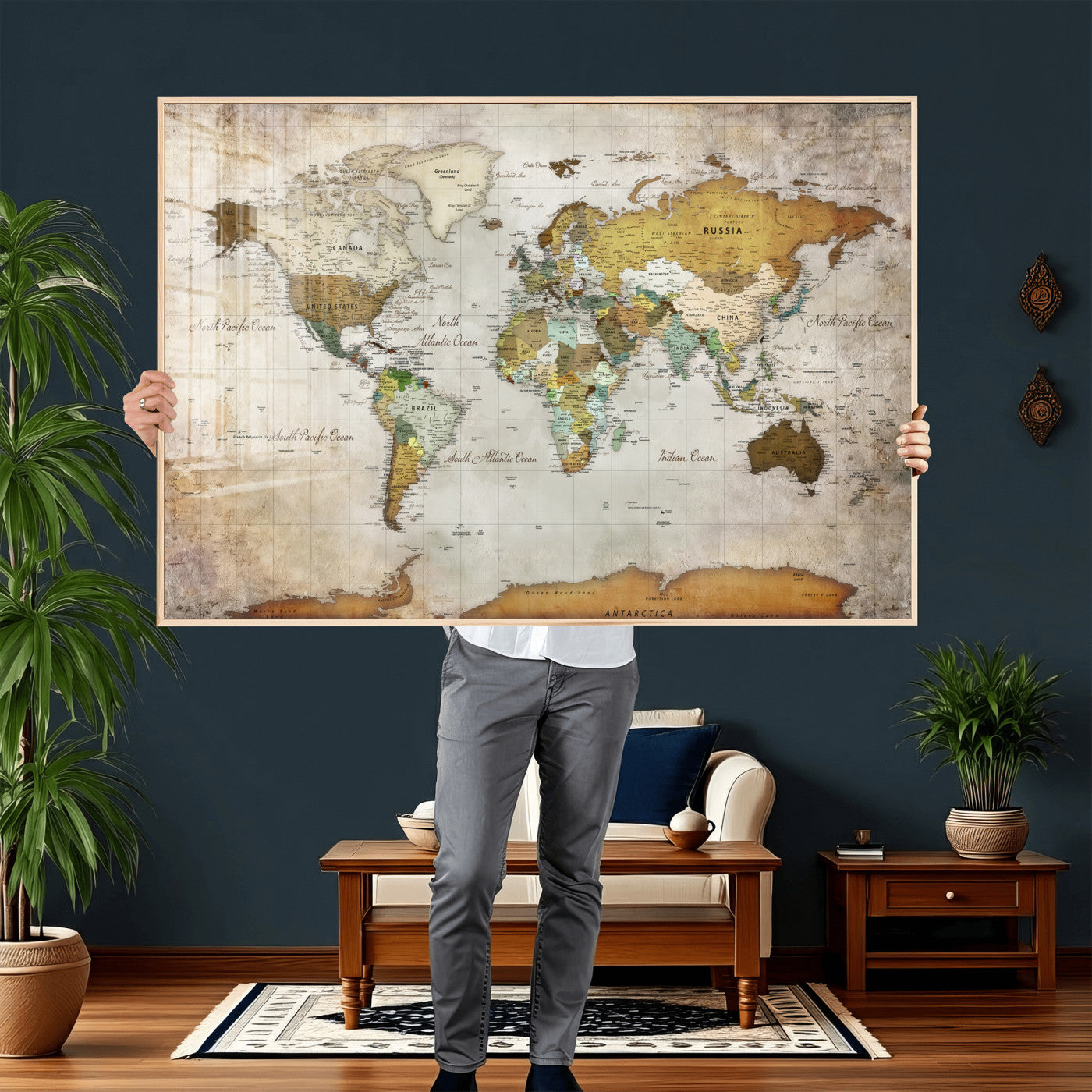86108417-MGV-CV-36X24 - World Map Wall Art Canvas Print, Modern Decorative Framed Map Artwork Prints for Living Room, Office, Bedroom Wall Decor