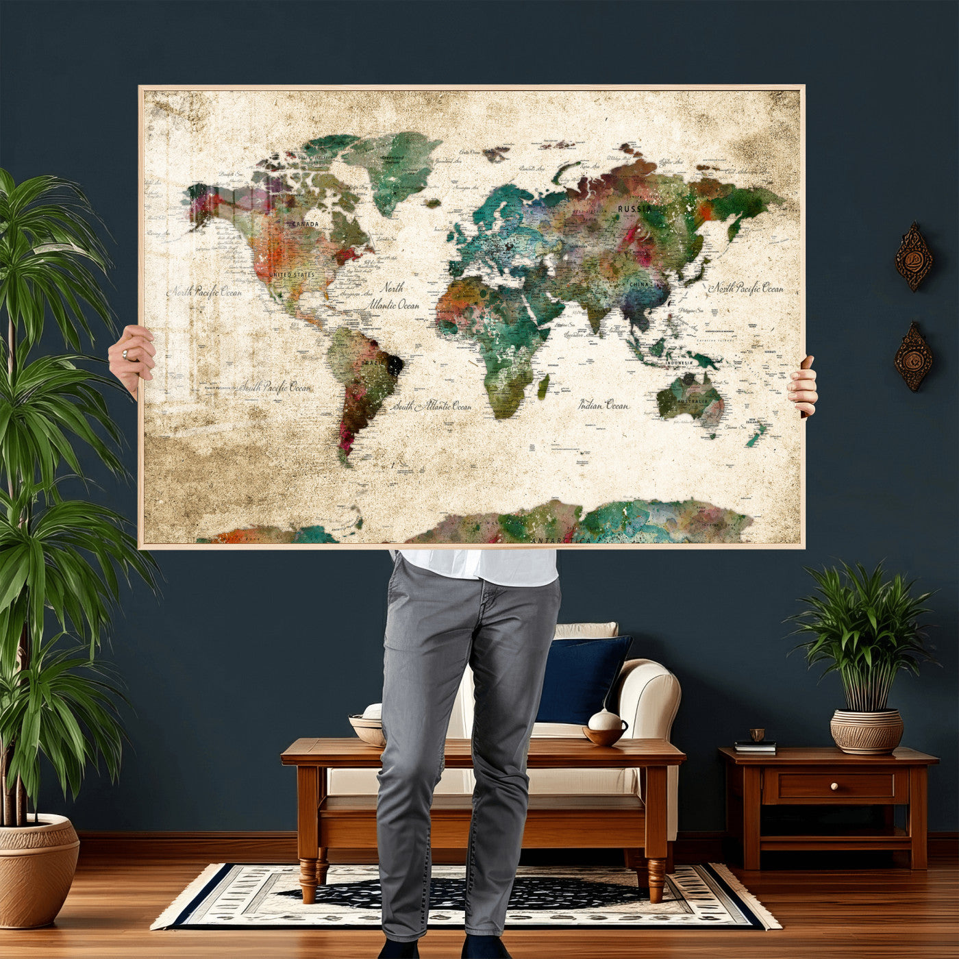 87544591-MGV-CV-36X24 - World Map Wall Art Canvas Print, Modern Decorative Framed Map Artwork Prints for Living Room, Office, Bedroom Wall Decor