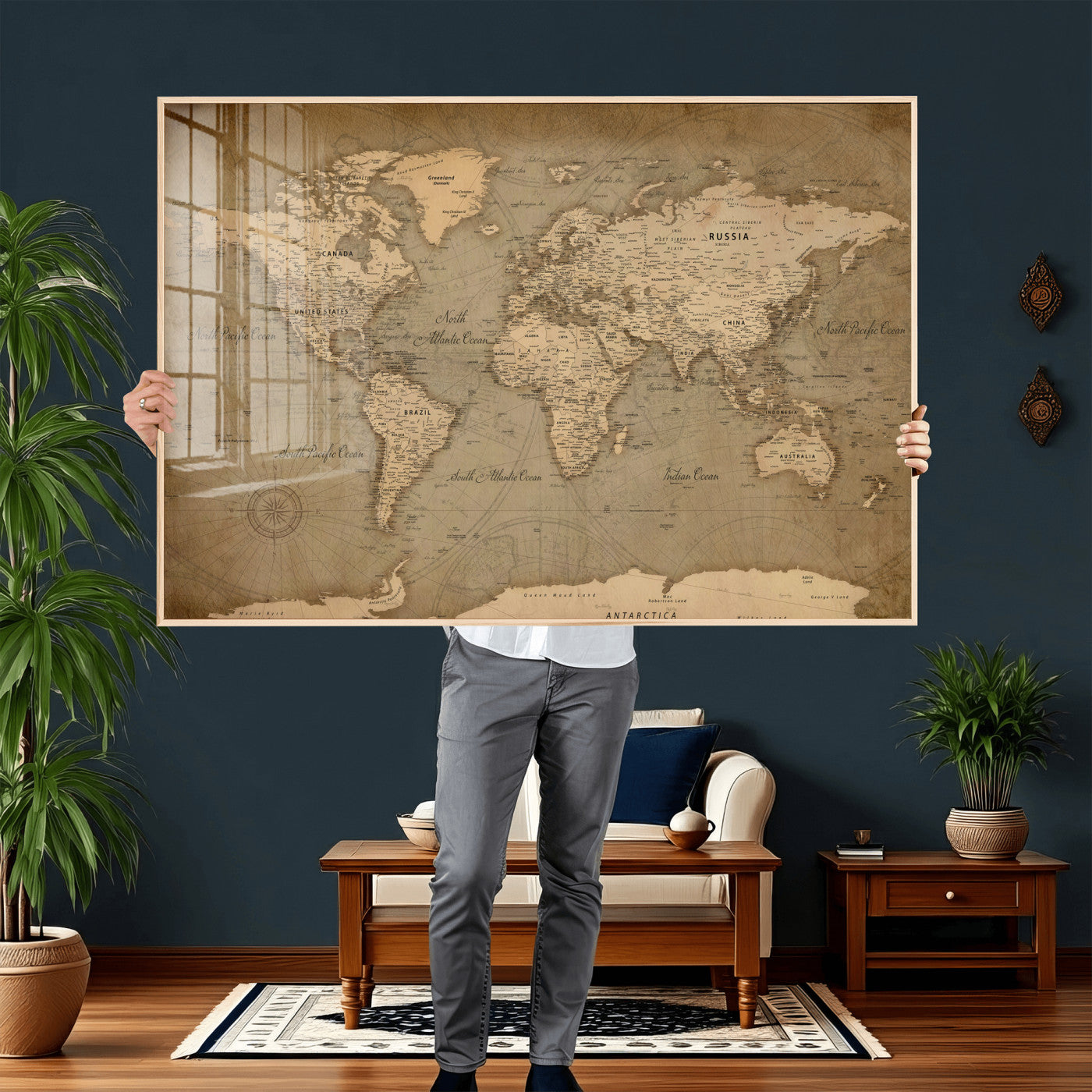 49946617-MGV-CV-36X24 - World Map Wall Art Canvas Print, Modern Decorative Framed Map Artwork Prints for Living Room, Office, Bedroom Wall Decor