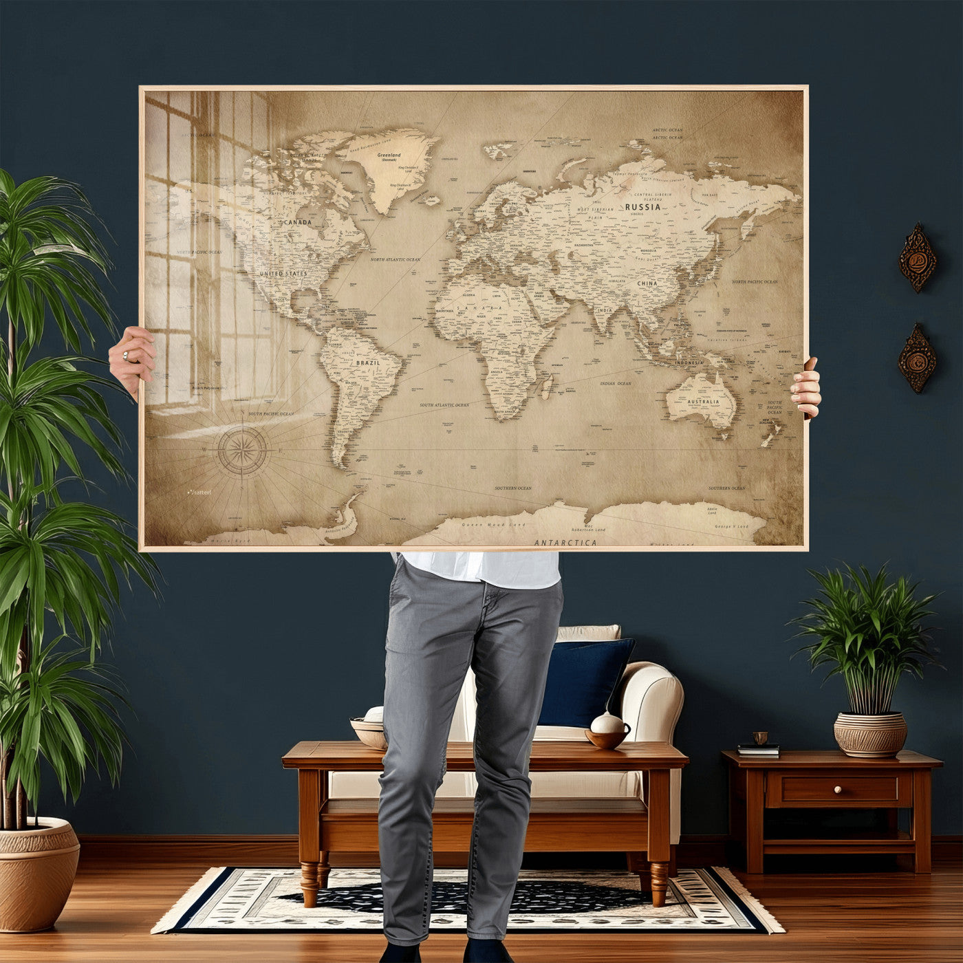 34795134-MGV-CV-36X24 - World Map Wall Art Canvas Print, Modern Decorative Framed Map Artwork Prints for Living Room, Office, Bedroom Wall Decor