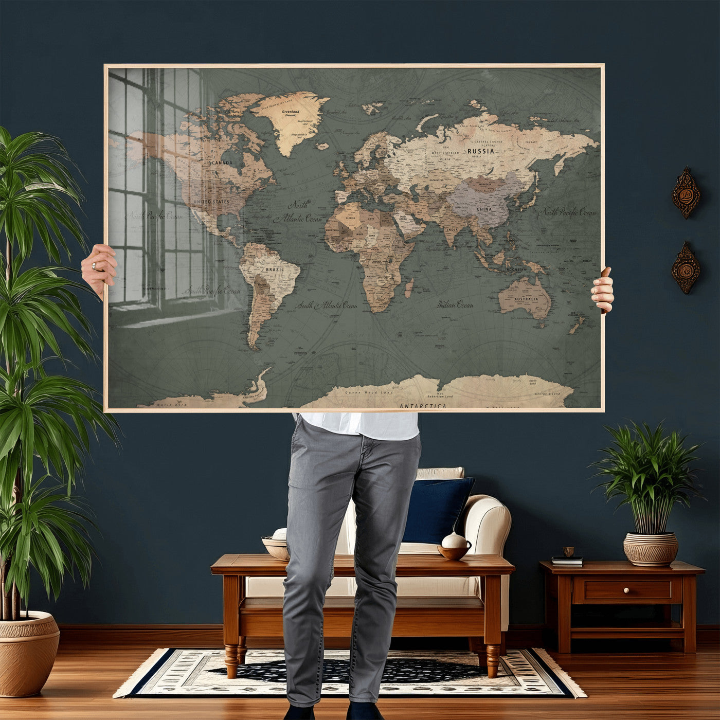 84619399-MGV-CV-36X24 - World Map Wall Art Canvas Print, Modern Decorative Framed Map Artwork Prints for Living Room, Office, Bedroom Wall Decor
