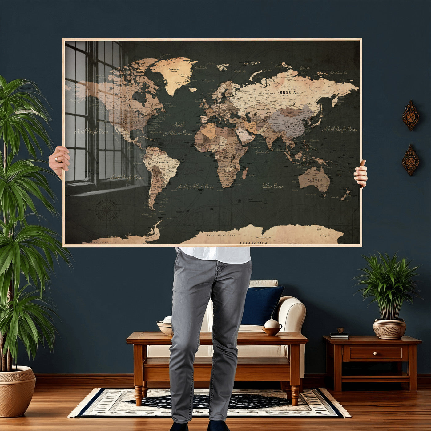 62059333-MGV-CV-36X24 - World Map Wall Art Canvas Print, Modern Decorative Framed Map Artwork Prints for Living Room, Office, Bedroom Wall Decor