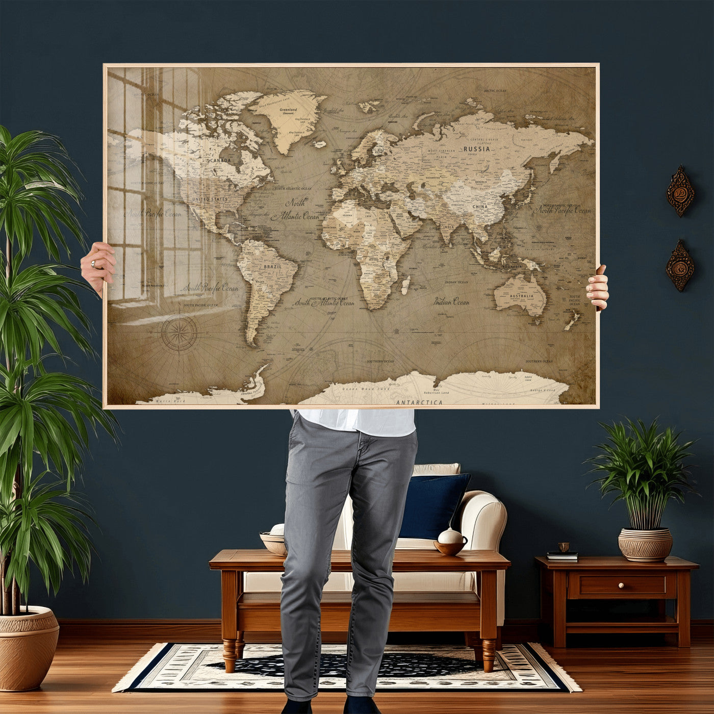 82314635-MGV-CV-36X24 - World Map Wall Art Canvas Print, Modern Decorative Framed Map Artwork Prints for Living Room, Office, Bedroom Wall Decor