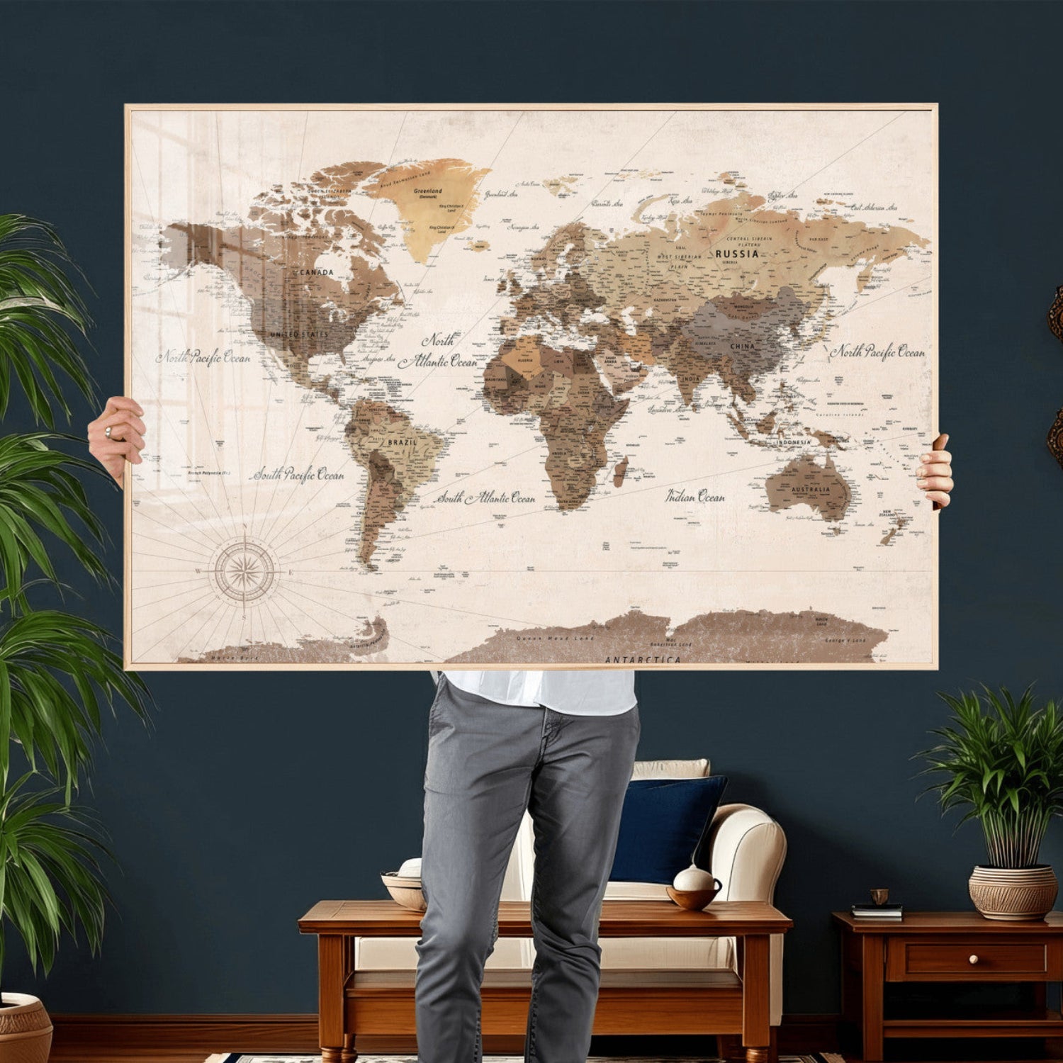 69860078-MGV-CV-36X24 - World Map Wall Art Canvas Print, Modern Decorative Framed Map Artwork Prints for Living Room, Office, Bedroom Wall Decor