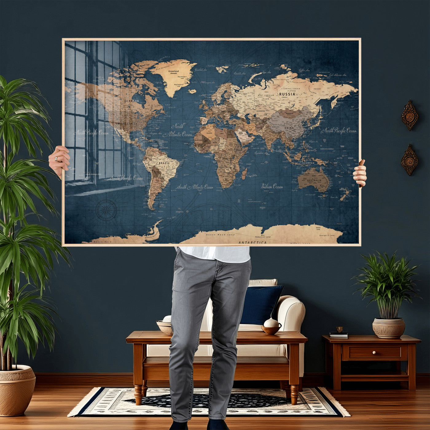 69886352-MGV-CV-36X24 - World Map Wall Art Canvas Print, Modern Decorative Framed Map Artwork Prints for Living Room, Office, Bedroom Wall Decor