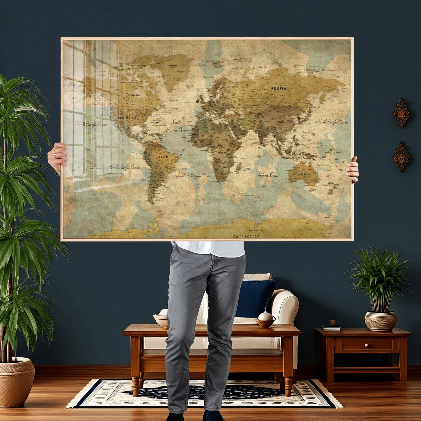 89356927-MGV-CV-36X24 - World Map Wall Art Canvas Print, Modern Decorative Framed Map Artwork Prints for Living Room, Office, Bedroom Wall Decor