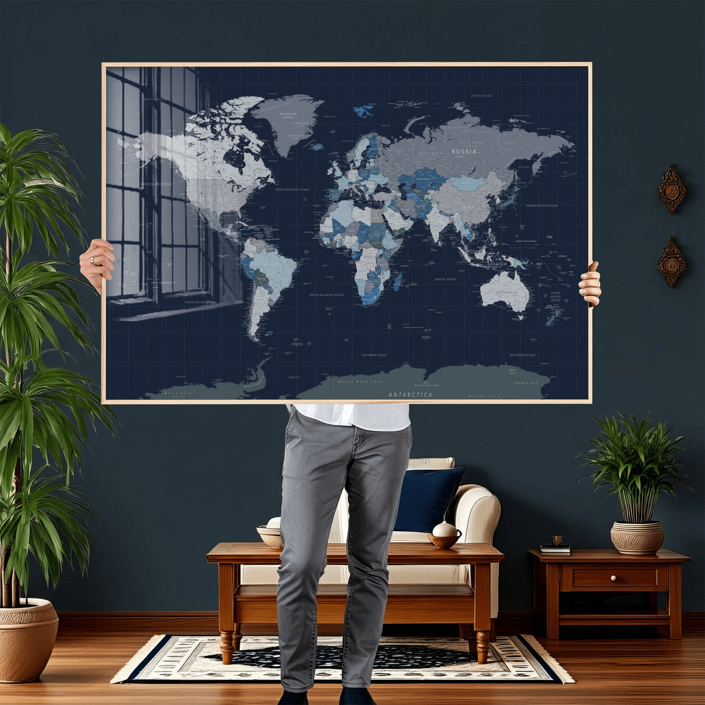 17712680-MGV-CV-36X24 - World Map Wall Art Canvas Print, Modern Decorative Framed Map Artwork Prints for Living Room, Office, Bedroom Wall Decor