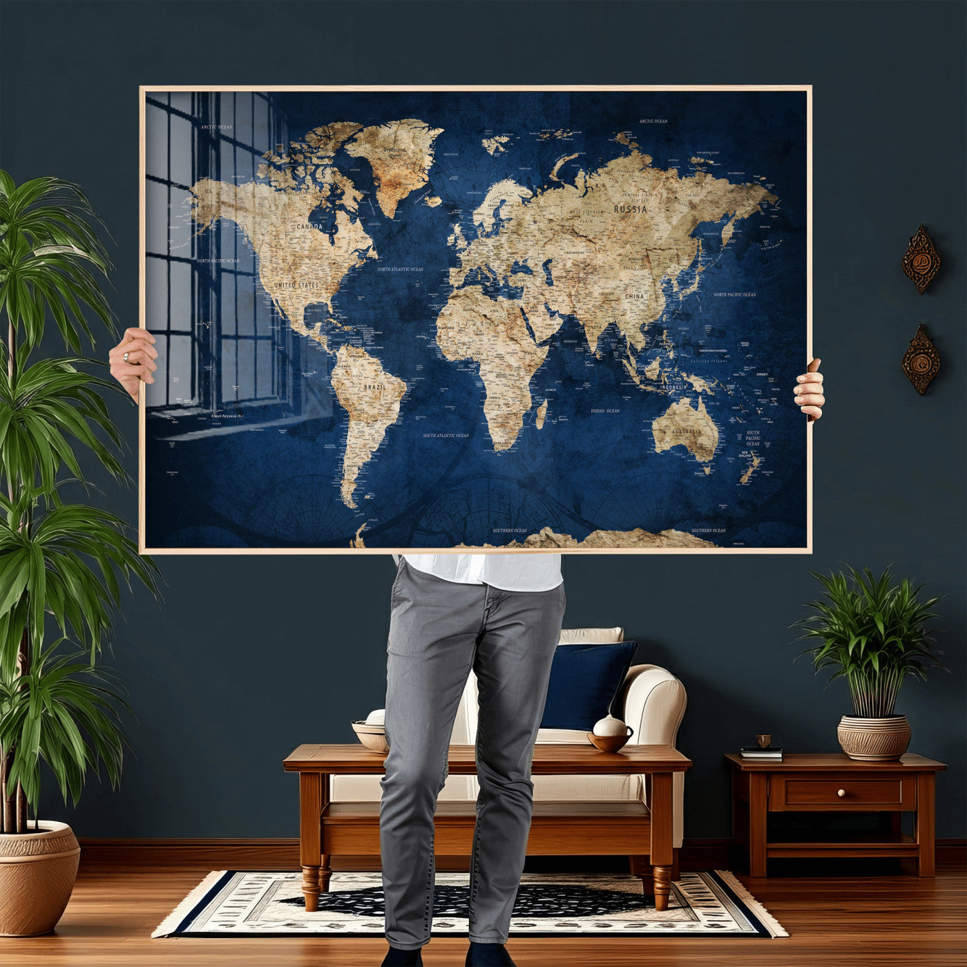 57503519-MGV-CV-36X24 - World Map Wall Art Canvas Print, Modern Decorative Framed Map Artwork Prints for Living Room, Office, Bedroom Wall Decor