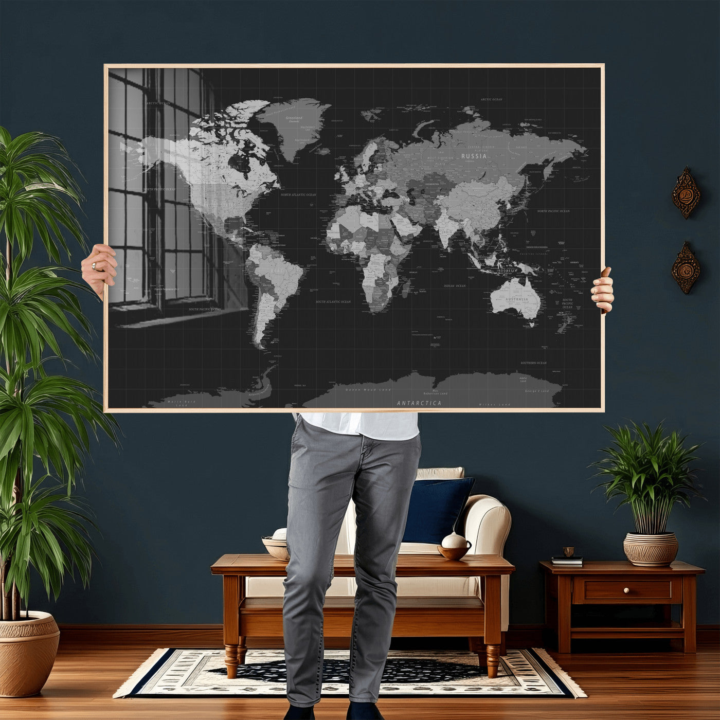 46160121-MGV-CV-36X24 - World Map Wall Art Canvas Print, Modern Decorative Framed Map Artwork Prints for Living Room, Office, Bedroom Wall Decor
