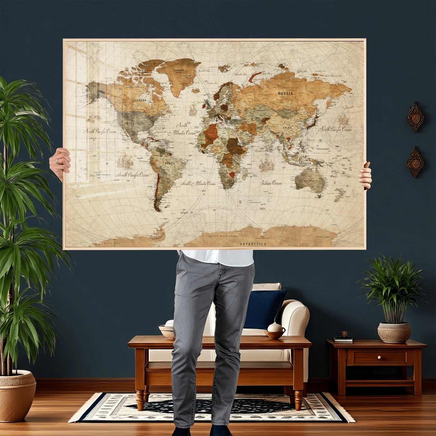 30704397-MGV-CV-36X24 - World Map Wall Art Canvas Print, Modern Decorative Framed Map Artwork Prints for Living Room, Office, Bedroom Wall Decor