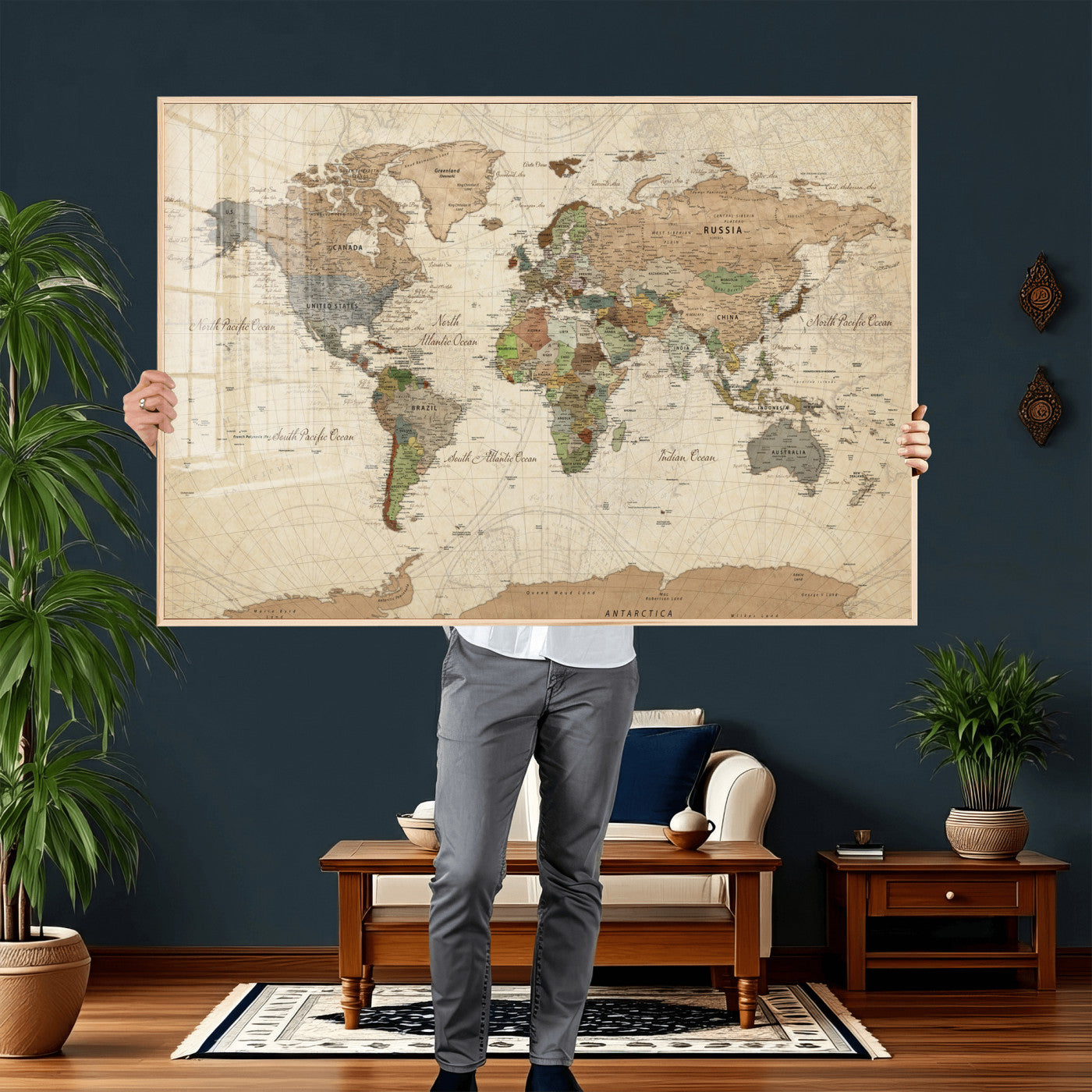 36735609-MGV-CV-36X24 - World Map Wall Art Canvas Print, Modern Decorative Framed Map Artwork Prints for Living Room, Office, Bedroom Wall Decor