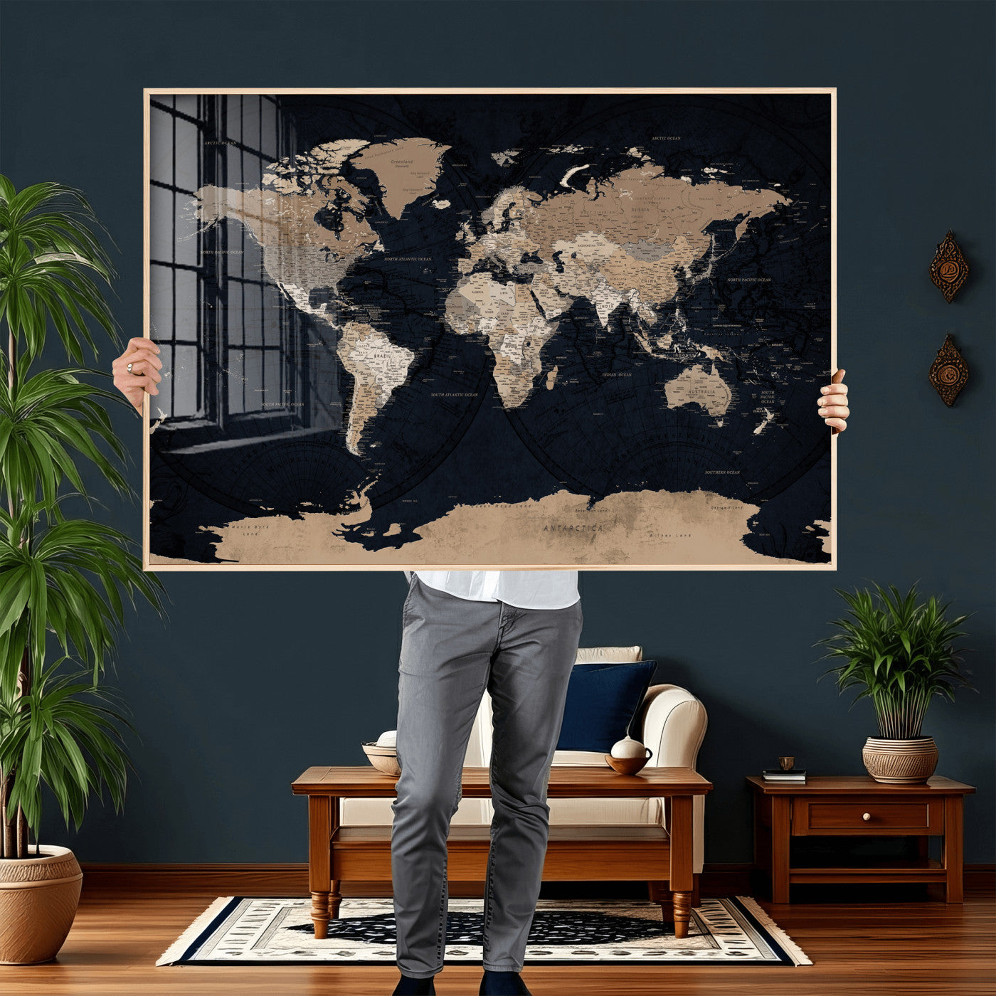 25812727-MGV-CV-36X24 - World Map Wall Art Canvas Print, Modern Decorative Framed Map Artwork Prints for Living Room, Office, Bedroom Wall Decor