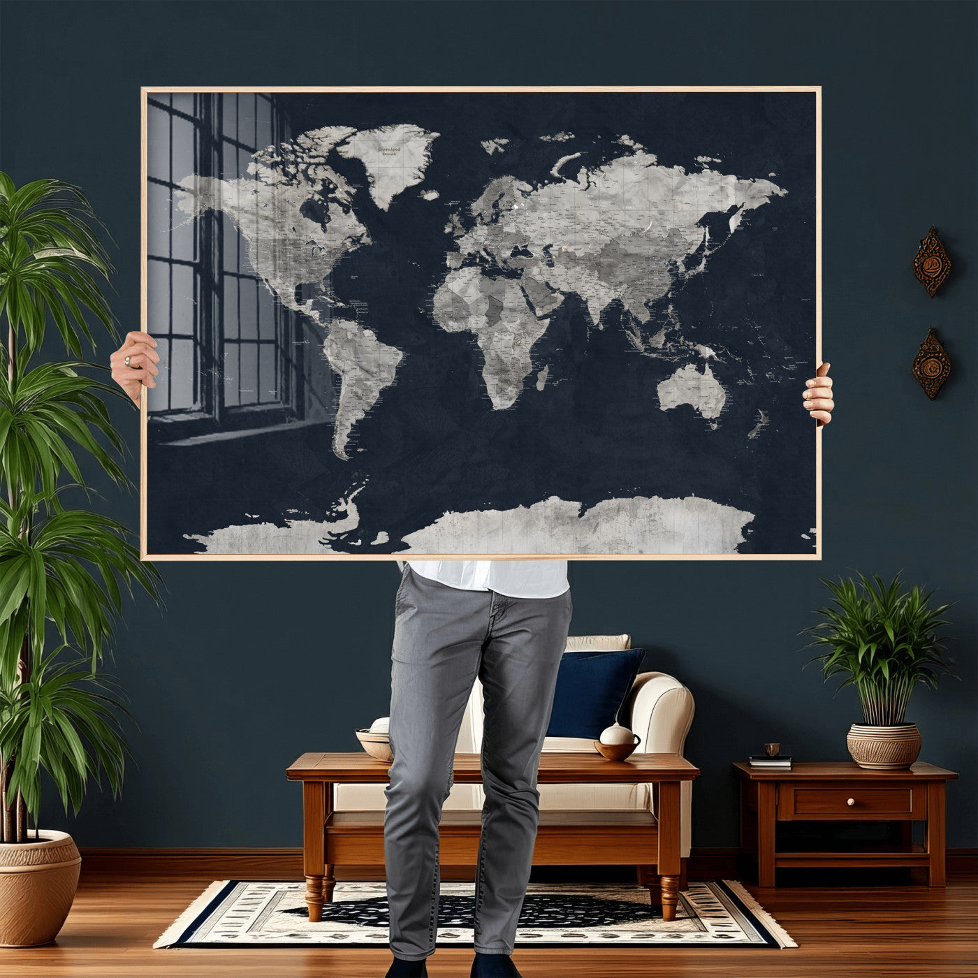 53886659-MGV-CV-36X24 - World Map Wall Art Canvas Print, Modern Decorative Framed Map Artwork Prints for Living Room, Office, Bedroom Wall Decor