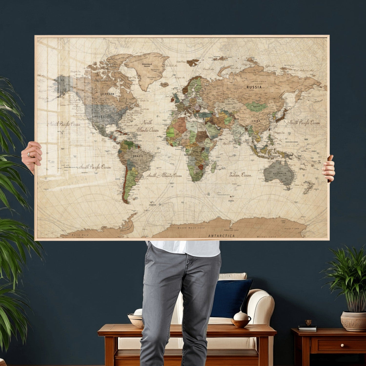 16856902-MGV-CV-36X24 - World Map Wall Art Canvas Print, Modern Decorative Framed Map Artwork Prints for Living Room, Office, Bedroom Wall Decor