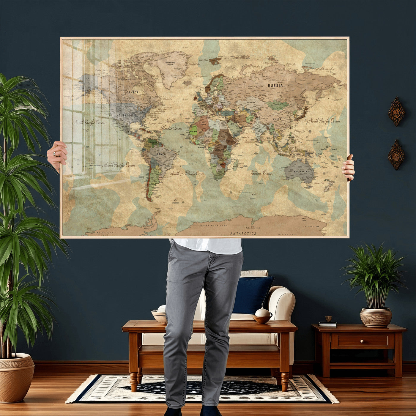 72396478-MGV-CV-36X24 - World Map Wall Art Canvas Print, Modern Decorative Framed Map Artwork Prints for Living Room, Office, Bedroom Wall Decor