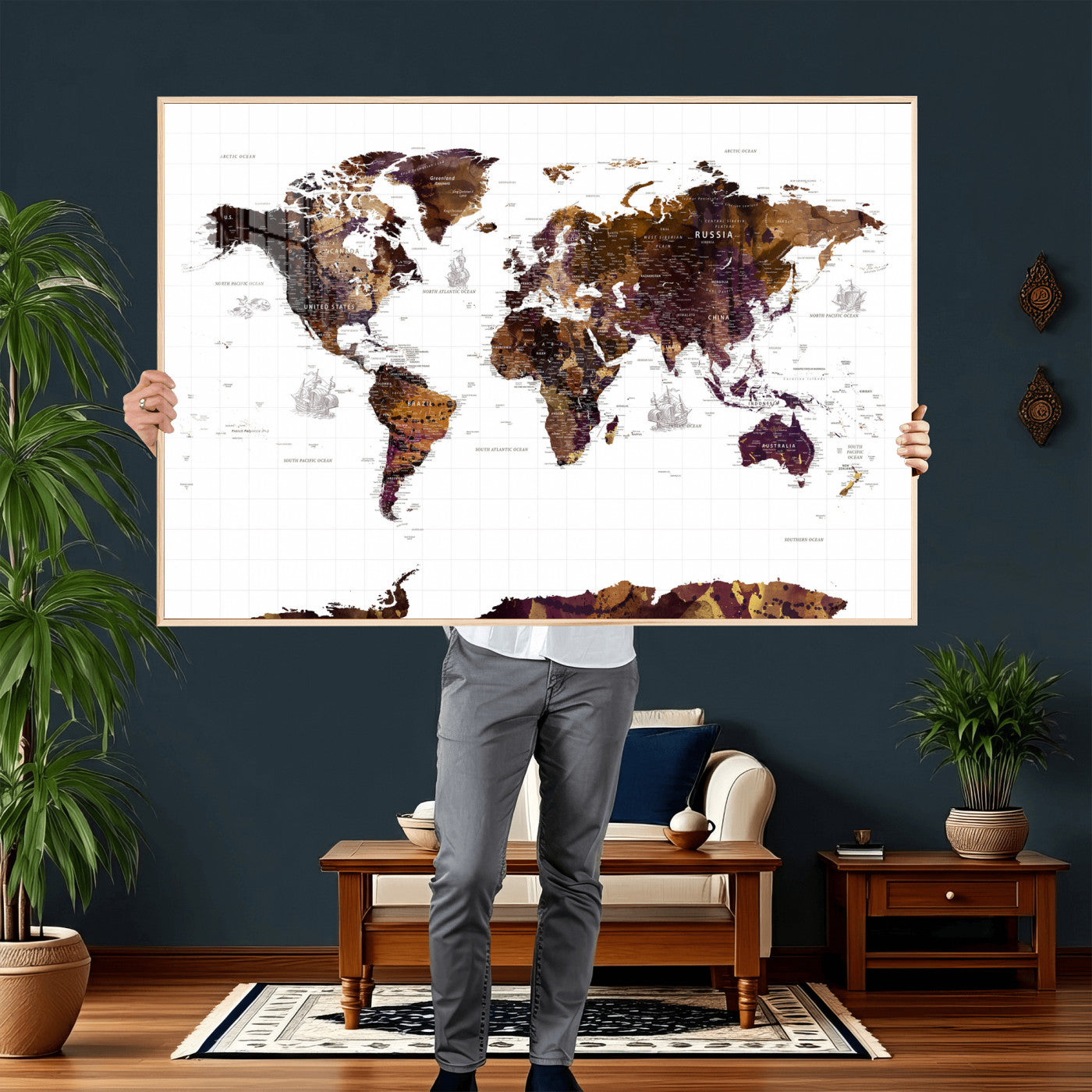 34792695-MGV-CV-36X24 - World Map Wall Art Canvas Print, Modern Decorative Framed Map Artwork Prints for Living Room, Office, Bedroom Wall Decor