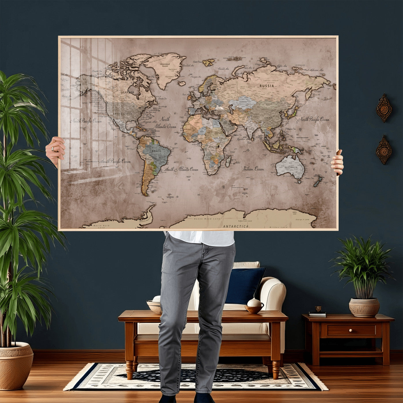91471273-MGV-CV-36X24 - World Map Wall Art Canvas Print, Modern Decorative Framed Map Artwork Prints for Living Room, Office, Bedroom Wall Decor
