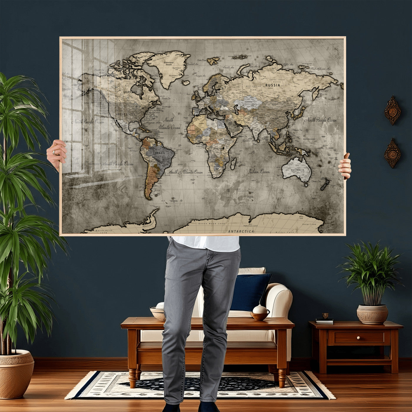 85218700-MGV-CV-36X24 - World Map Wall Art Canvas Print, Modern Decorative Framed Map Artwork Prints for Living Room, Office, Bedroom Wall Decor