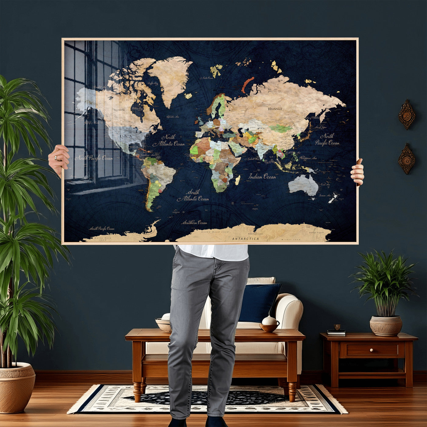 76603563-MGV-CV-36X24 - World Map Wall Art Canvas Print, Modern Decorative Framed Map Artwork Prints for Living Room, Office, Bedroom Wall Decor