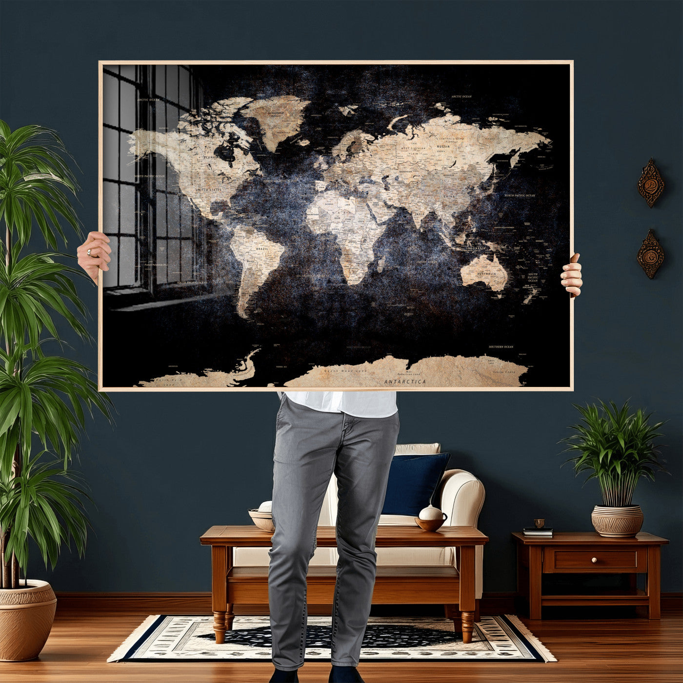 56713386-MGV-CV-36X24 - World Map Wall Art Canvas Print, Modern Decorative Framed Map Artwork Prints for Living Room, Office, Bedroom Wall Decor