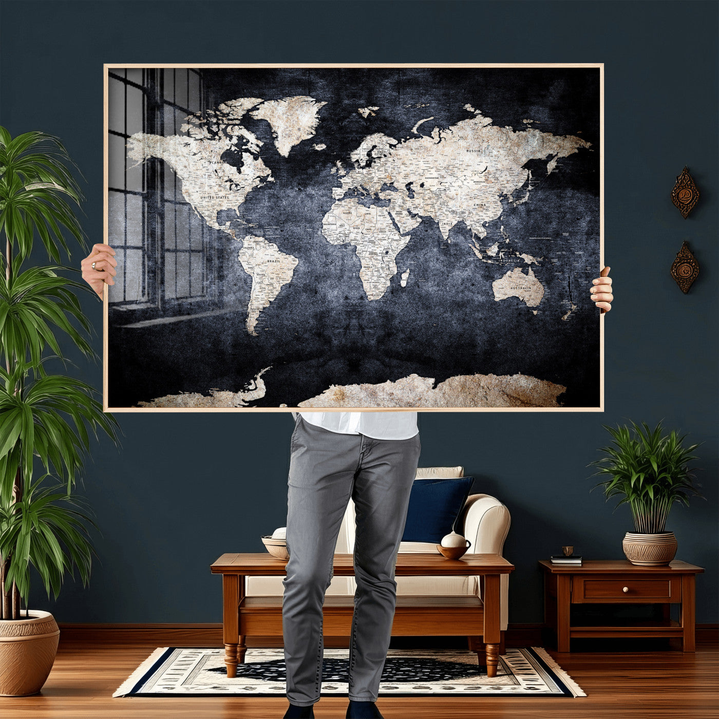 41193404-MGV-CV-36X24 - World Map Wall Art Canvas Print, Modern Decorative Framed Map Artwork Prints for Living Room, Office, Bedroom Wall Decor