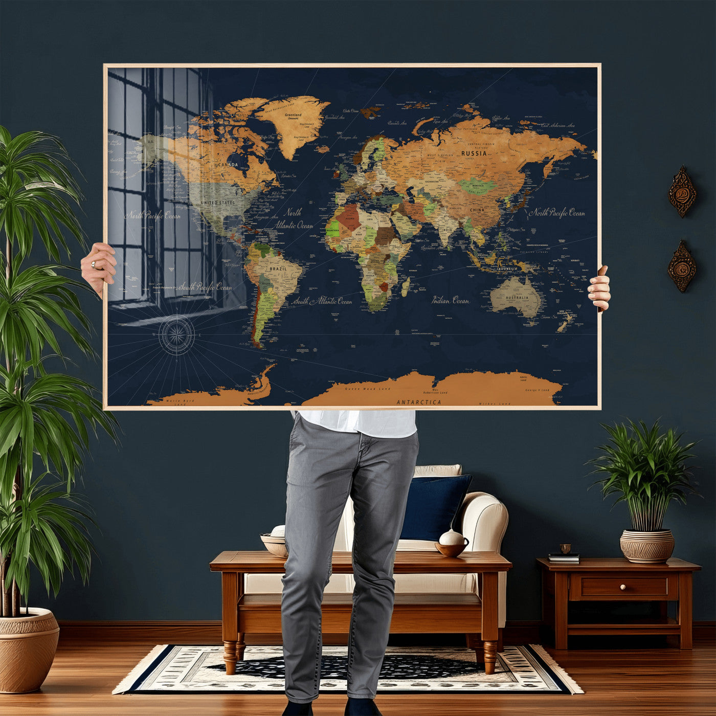 11715182-MGV-CV-36X24 - World Map Wall Art Canvas Print, Modern Decorative Framed Map Artwork Prints for Living Room, Office, Bedroom Wall Decor