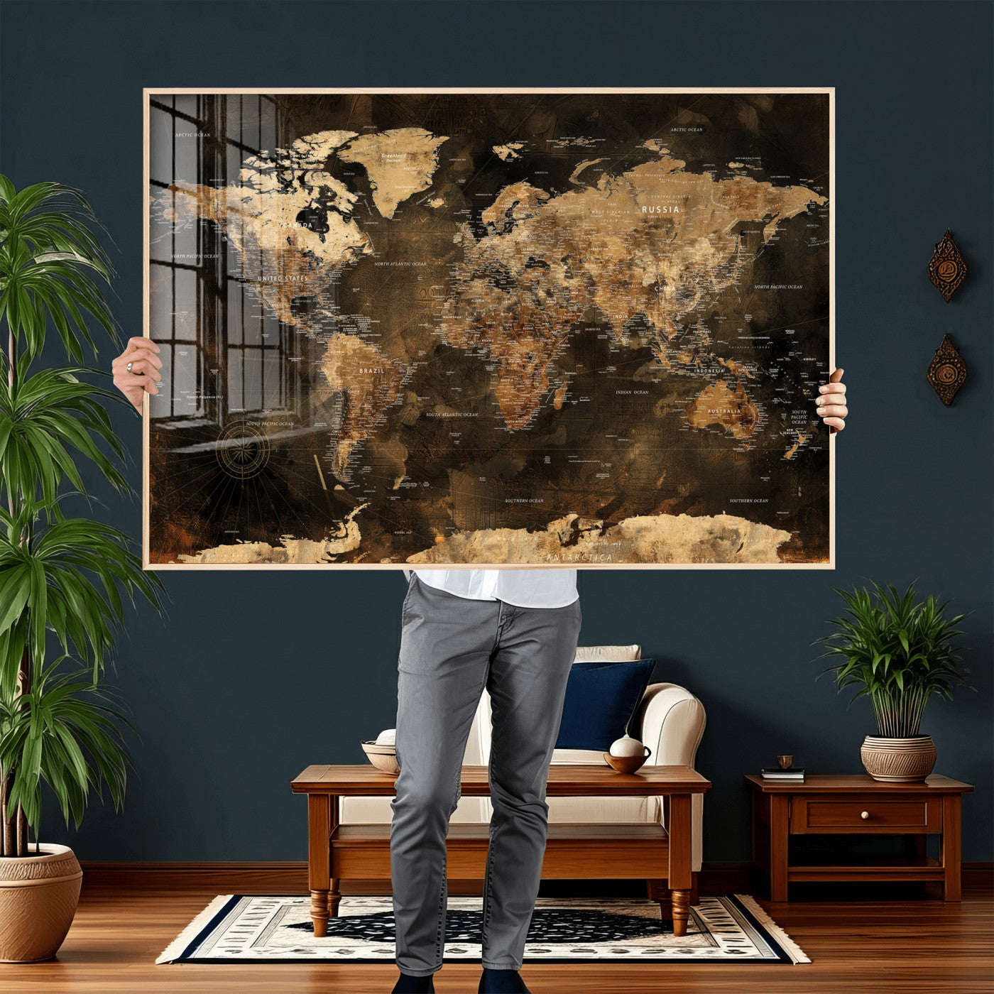 97742922-MGV-CV-36X24 - World Map Wall Art Canvas Print, Modern Decorative Framed Map Artwork Prints for Living Room, Office, Bedroom Wall Decor