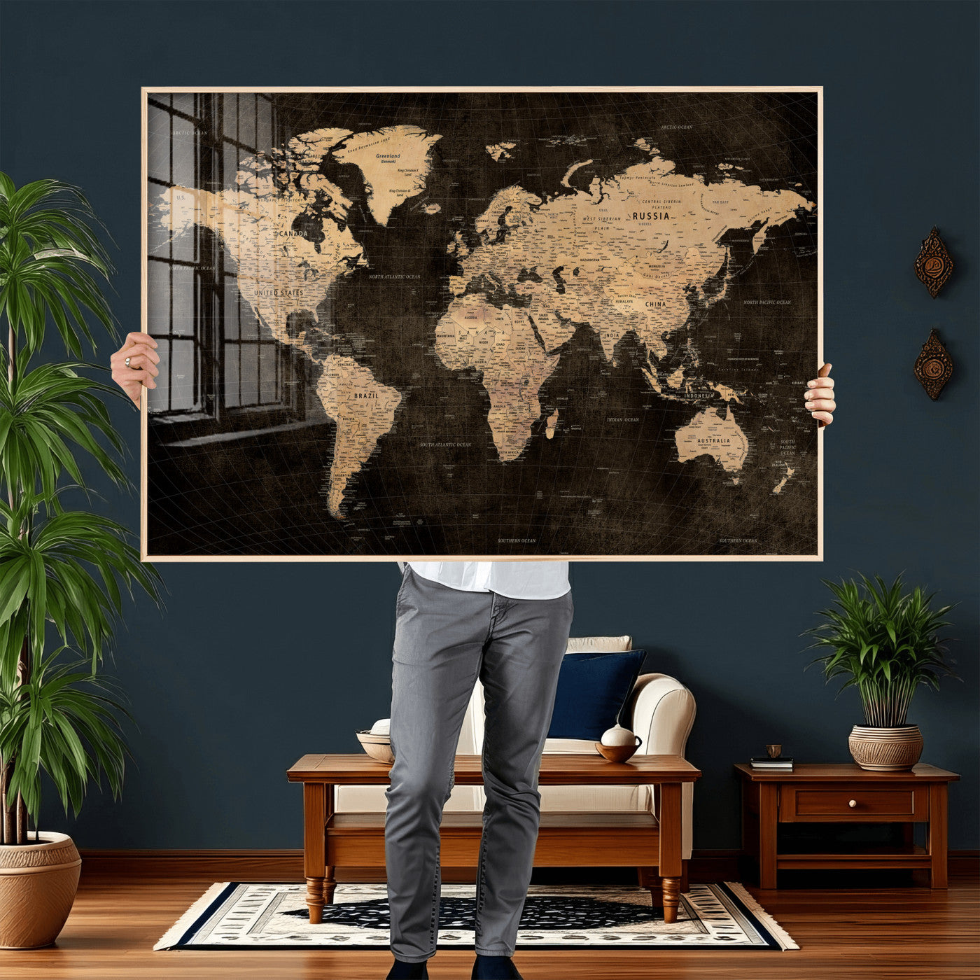 15118265-MGV-CV-36X24 - World Map Wall Art Canvas Print, Modern Decorative Framed Map Artwork Prints for Living Room, Office, Bedroom Wall Decor