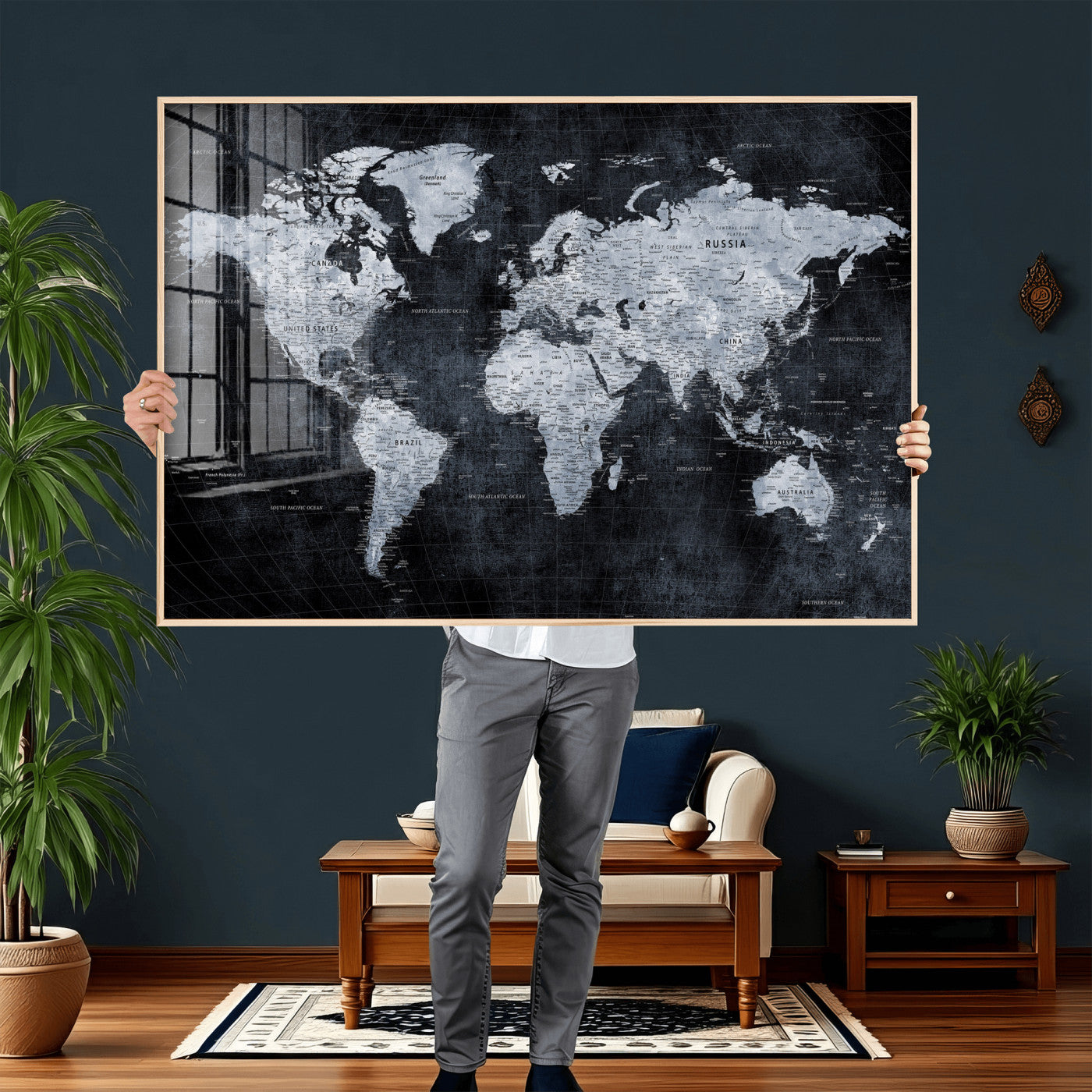 86893704-MGV-CV-36X24 - World Map Wall Art Canvas Print, Modern Decorative Framed Map Artwork Prints for Living Room, Office, Bedroom Wall Decor