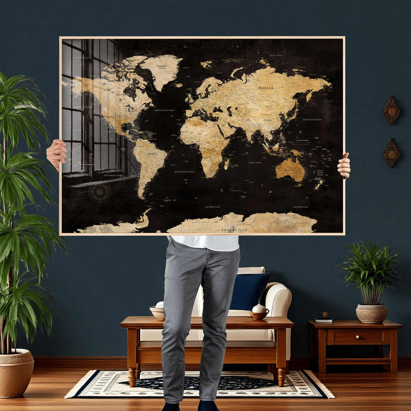 70468159-MGV-CV-36X24 - World Map Wall Art Canvas Print, Modern Decorative Framed Map Artwork Prints for Living Room, Office, Bedroom Wall Decor