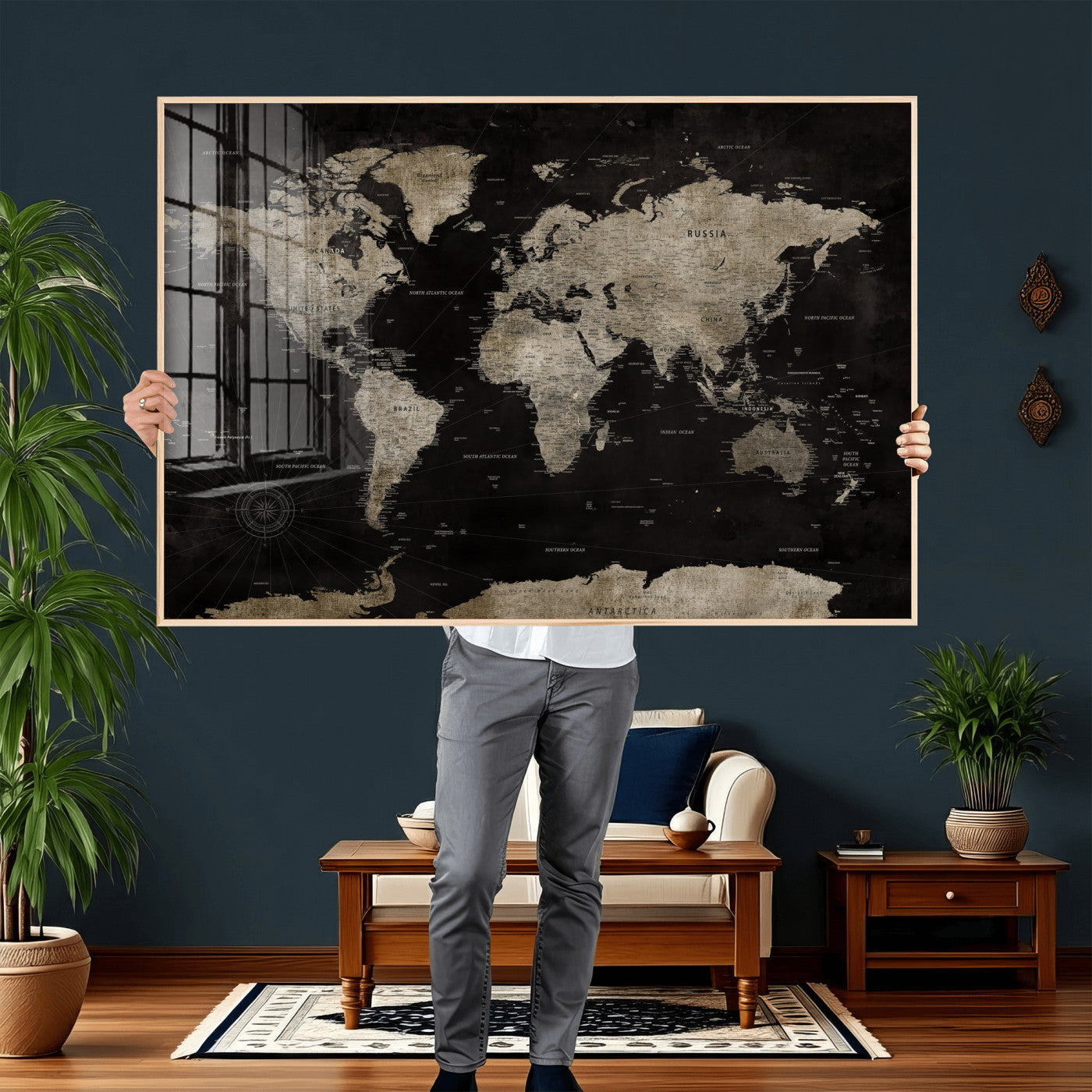 56225956-MGV-CV-36X24 - World Map Wall Art Canvas Print, Modern Decorative Framed Map Artwork Prints for Living Room, Office, Bedroom Wall Decor