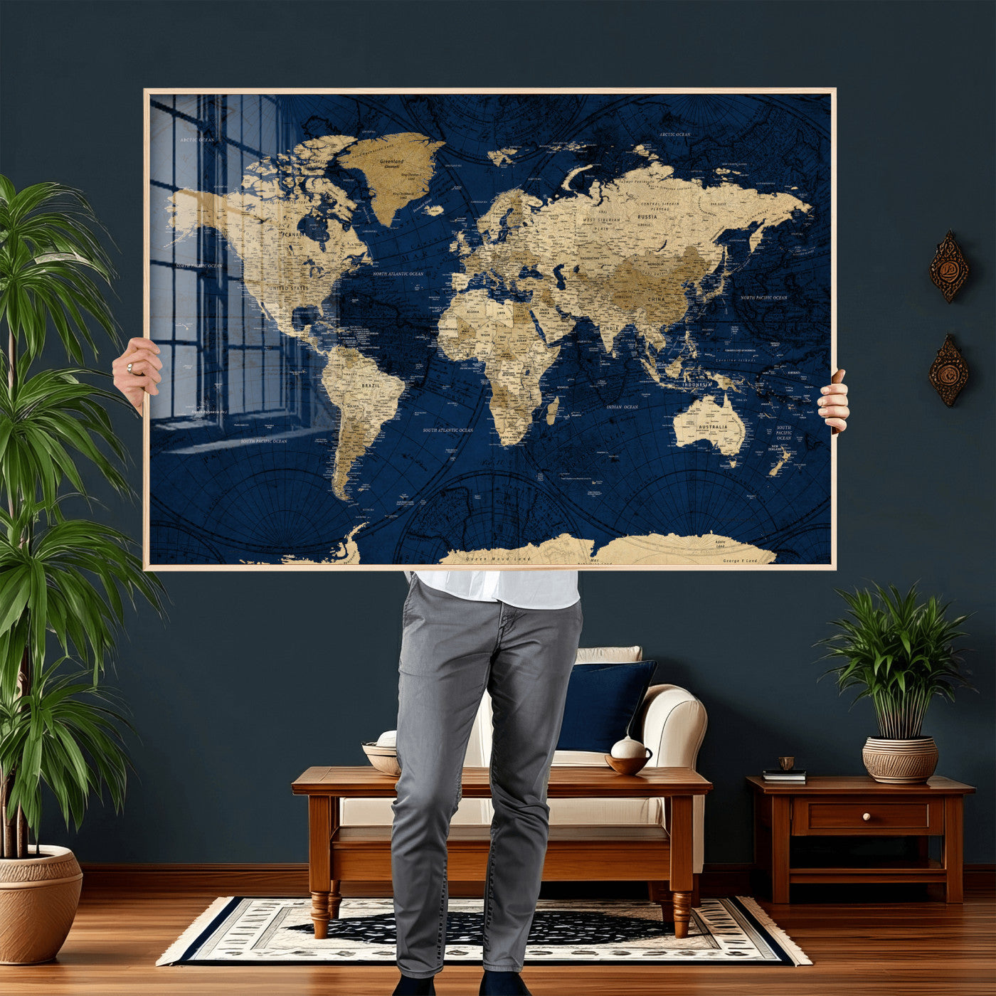 54770746-MGV-CV-36X24 - World Map Wall Art Canvas Print, Modern Decorative Framed Map Artwork Prints for Living Room, Office, Bedroom Wall Decor