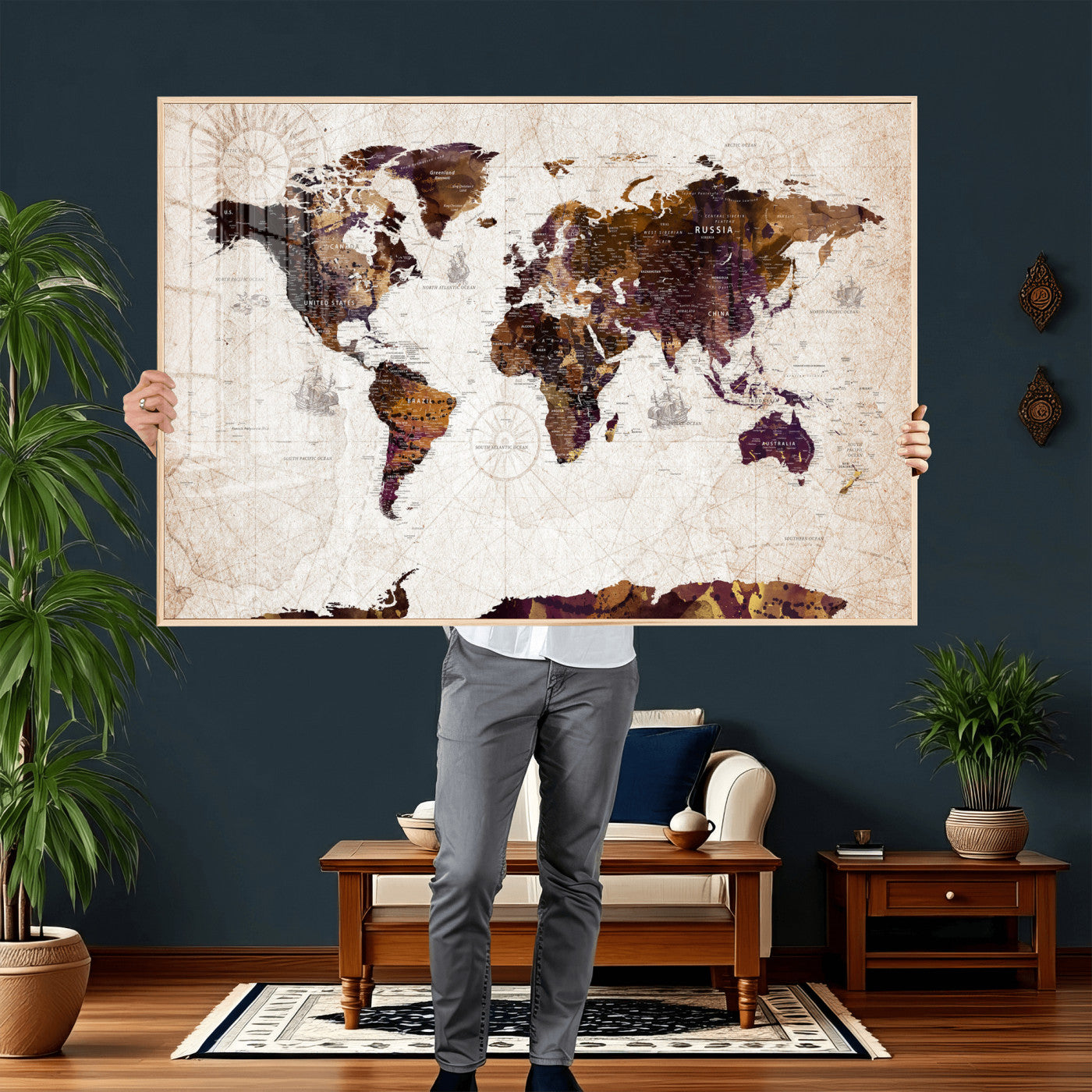 53400857-MGV-CV-36X24 - World Map Wall Art Canvas Print, Modern Decorative Framed Map Artwork Prints for Living Room, Office, Bedroom Wall Decor