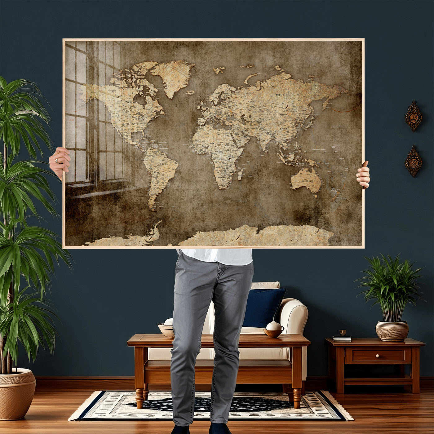 35847542-MGV-CV-36X24 - World Map Wall Art Canvas Print, Modern Decorative Framed Map Artwork Prints for Living Room, Office, Bedroom Wall Decor