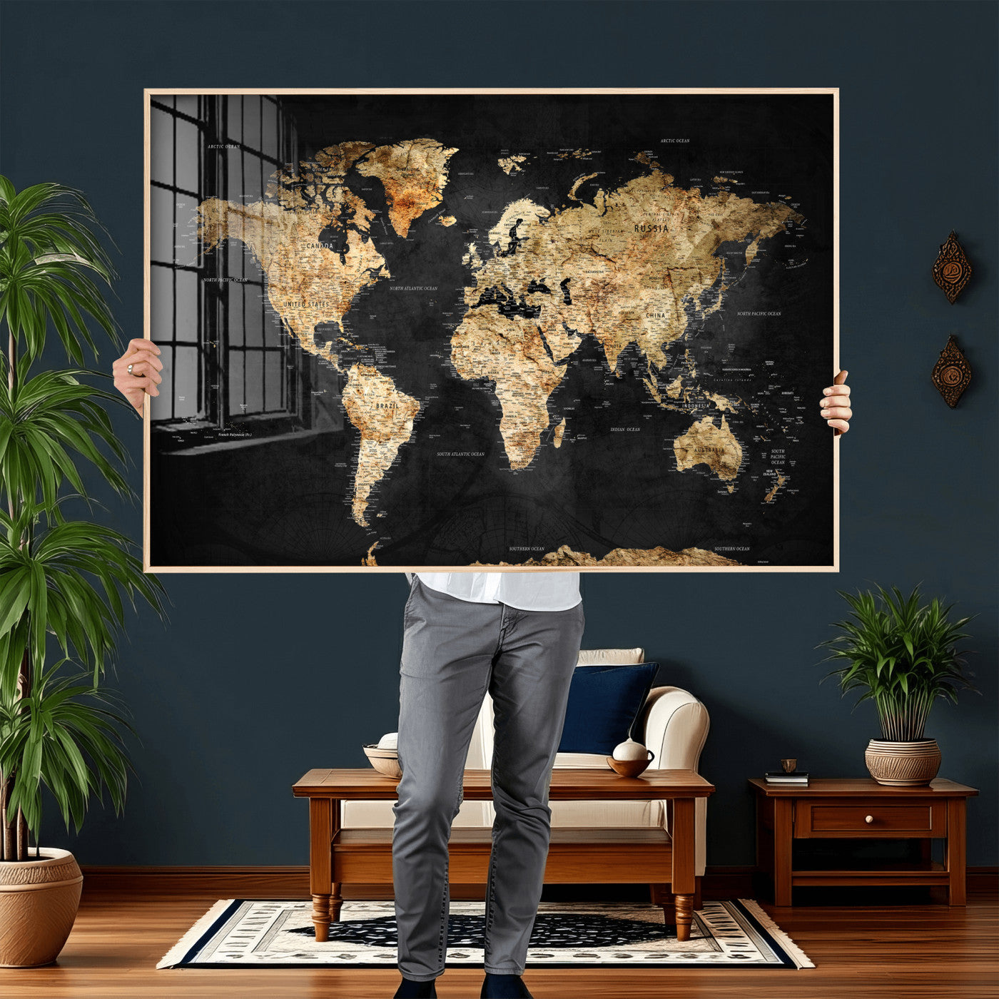 23568589-MGV-CV-36X24 - World Map Wall Art Canvas Print, Modern Decorative Framed Map Artwork Prints for Living Room, Office, Bedroom Wall Decor