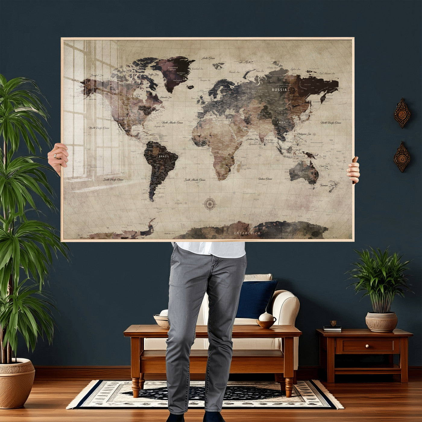 60560672-MGV-CV-36X24 - World Map Wall Art Canvas Print, Modern Decorative Framed Map Artwork Prints for Living Room, Office, Bedroom Wall Decor