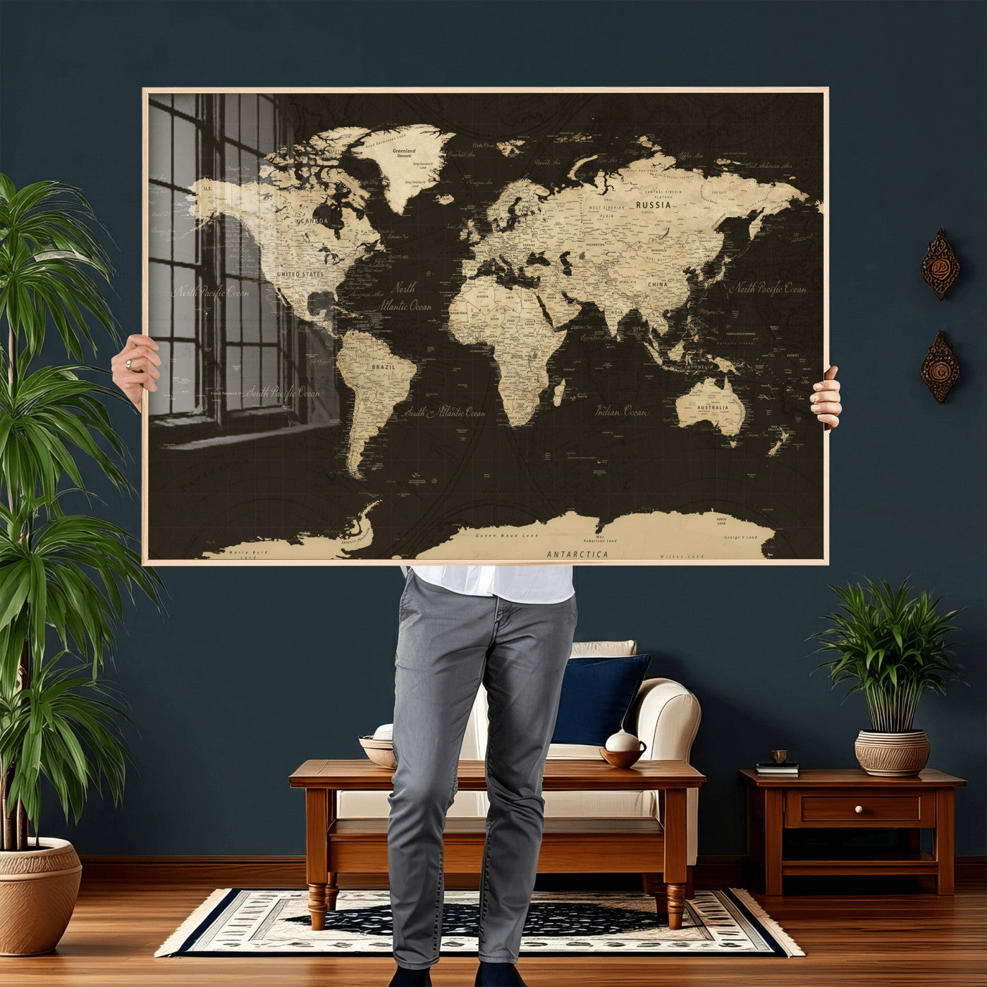 89024244-MGV-CV-36X24 - World Map Wall Art Canvas Print, Modern Decorative Framed Map Artwork Prints for Living Room, Office, Bedroom Wall Decor
