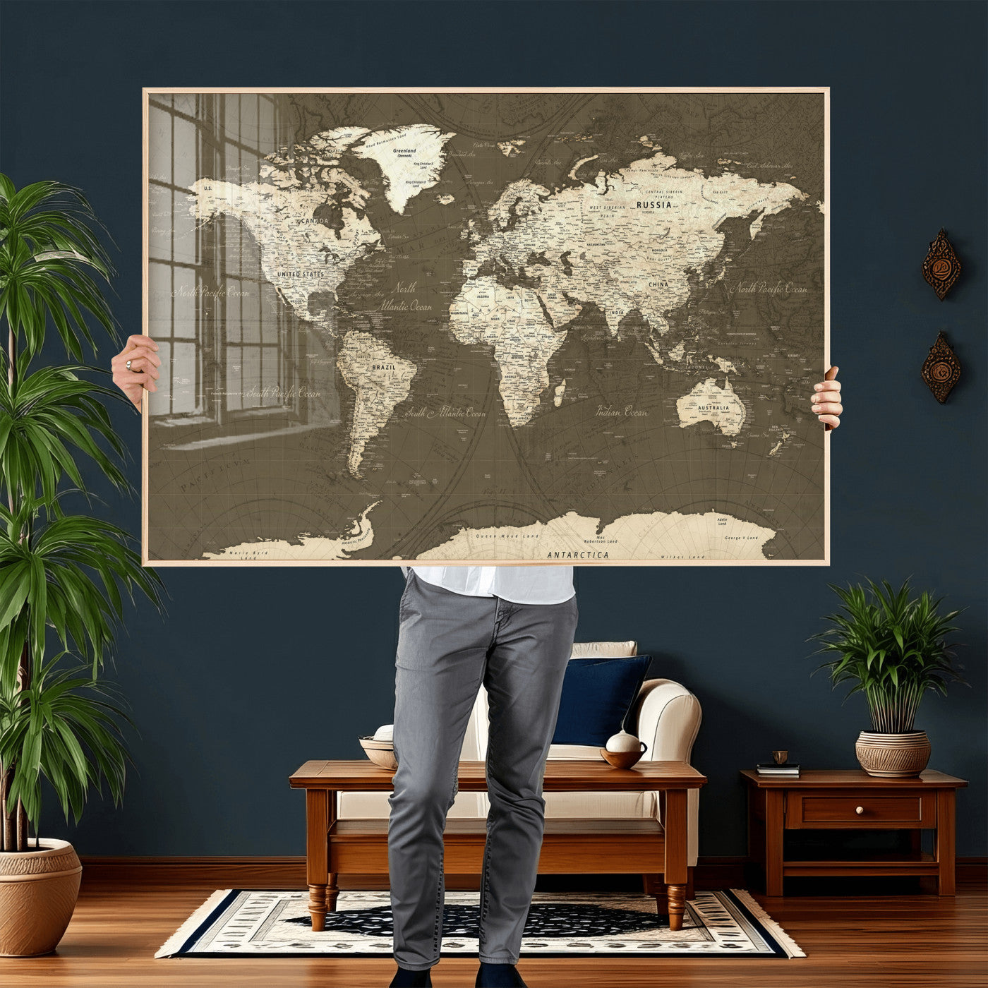 33202610-MGV-CV-36X24 - World Map Wall Art Canvas Print, Modern Decorative Framed Map Artwork Prints for Living Room, Office, Bedroom Wall Decor