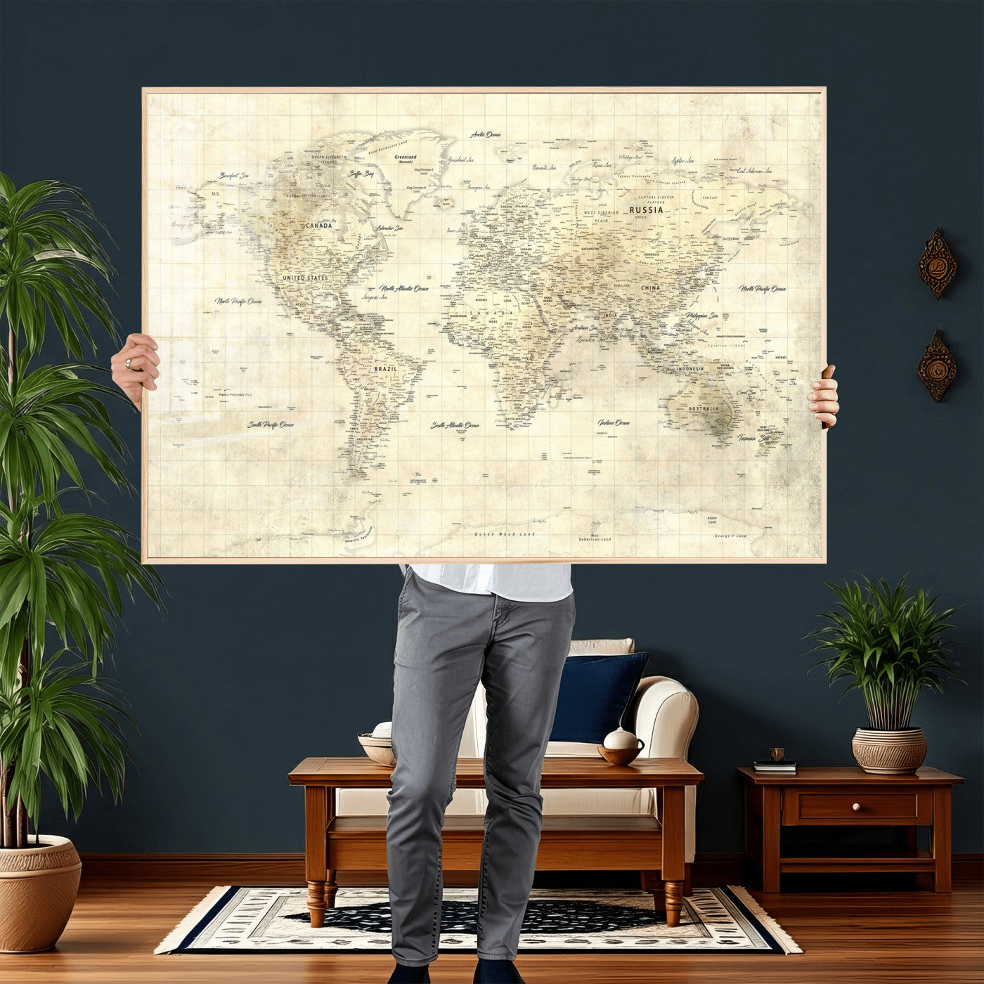 17101439-MGV-CV-36X24 - World Map Wall Art Canvas Print, Modern Decorative Framed Map Artwork Prints for Living Room, Office, Bedroom Wall Decor