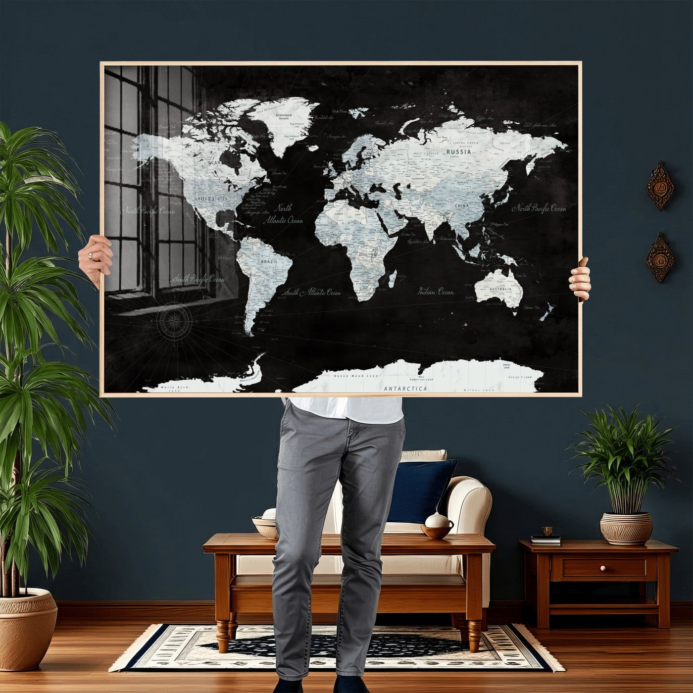 28664806-MGV-CV-36X24 - World Map Wall Art Canvas Print, Modern Decorative Framed Map Artwork Prints for Living Room, Office, Bedroom Wall Decor