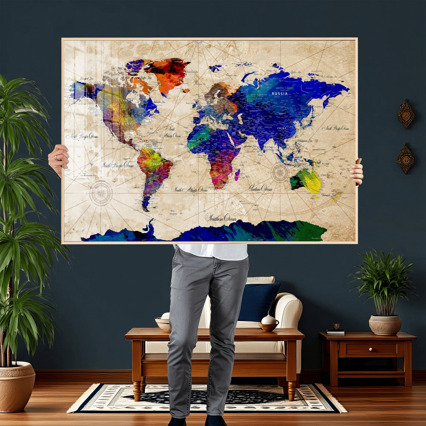 26284075-MGV-CV-36X24 - World Map Wall Art Canvas Print, Modern Decorative Framed Map Artwork Prints for Living Room, Office, Bedroom Wall Decor