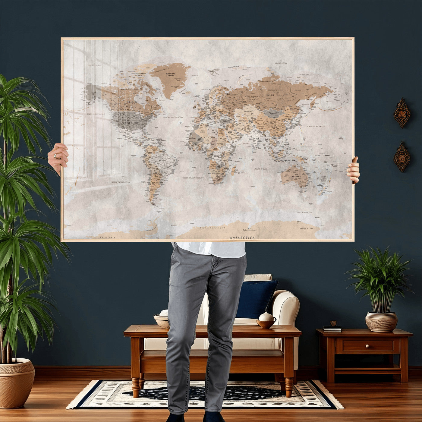 34051638-MGV-CV-36X24 - World Map Wall Art Canvas Print, Modern Decorative Framed Map Artwork Prints for Living Room, Office, Bedroom Wall Decor