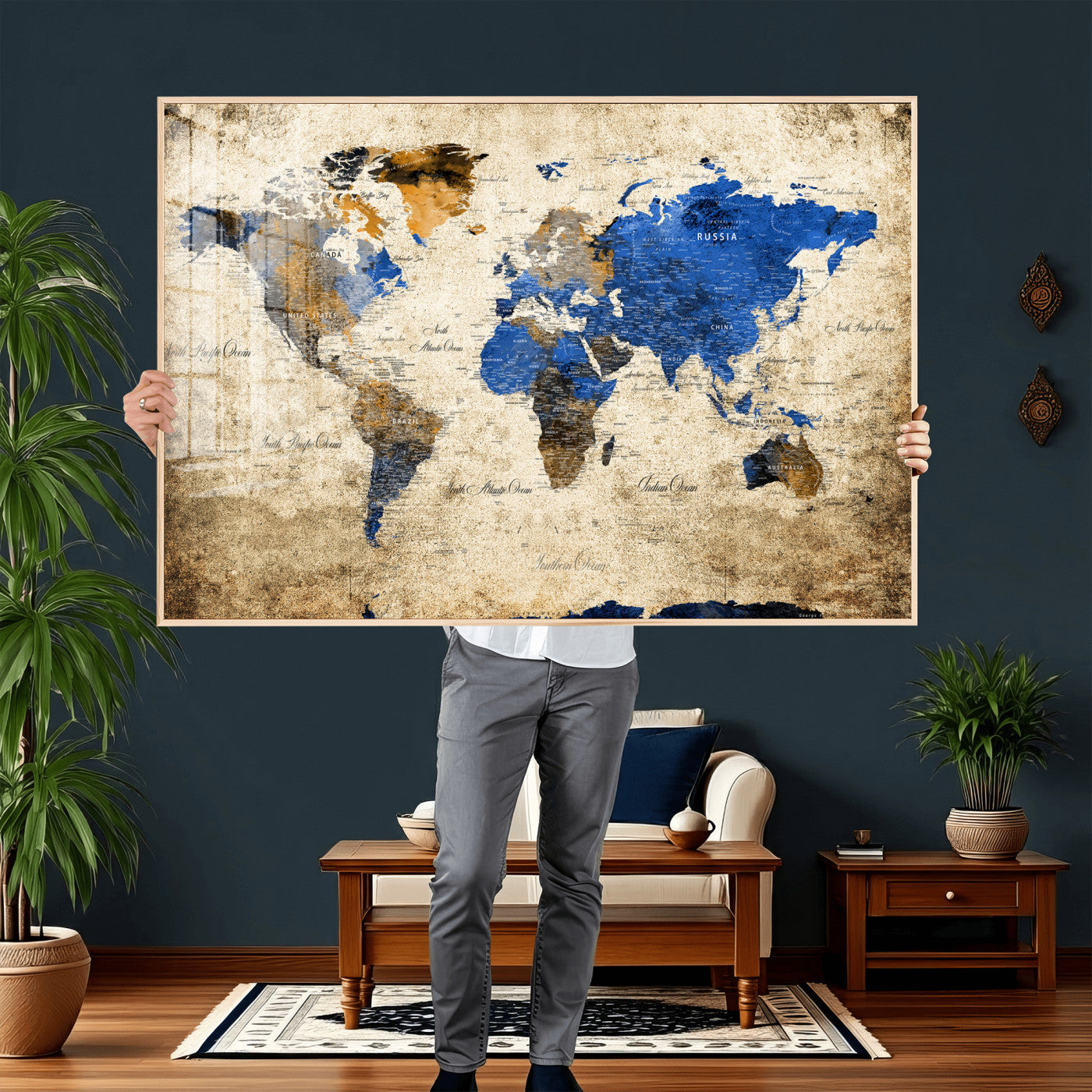 27314341-MGV-CV-36X24 - World Map Wall Art Canvas Print, Modern Decorative Framed Map Artwork Prints for Living Room, Office, Bedroom Wall Decor