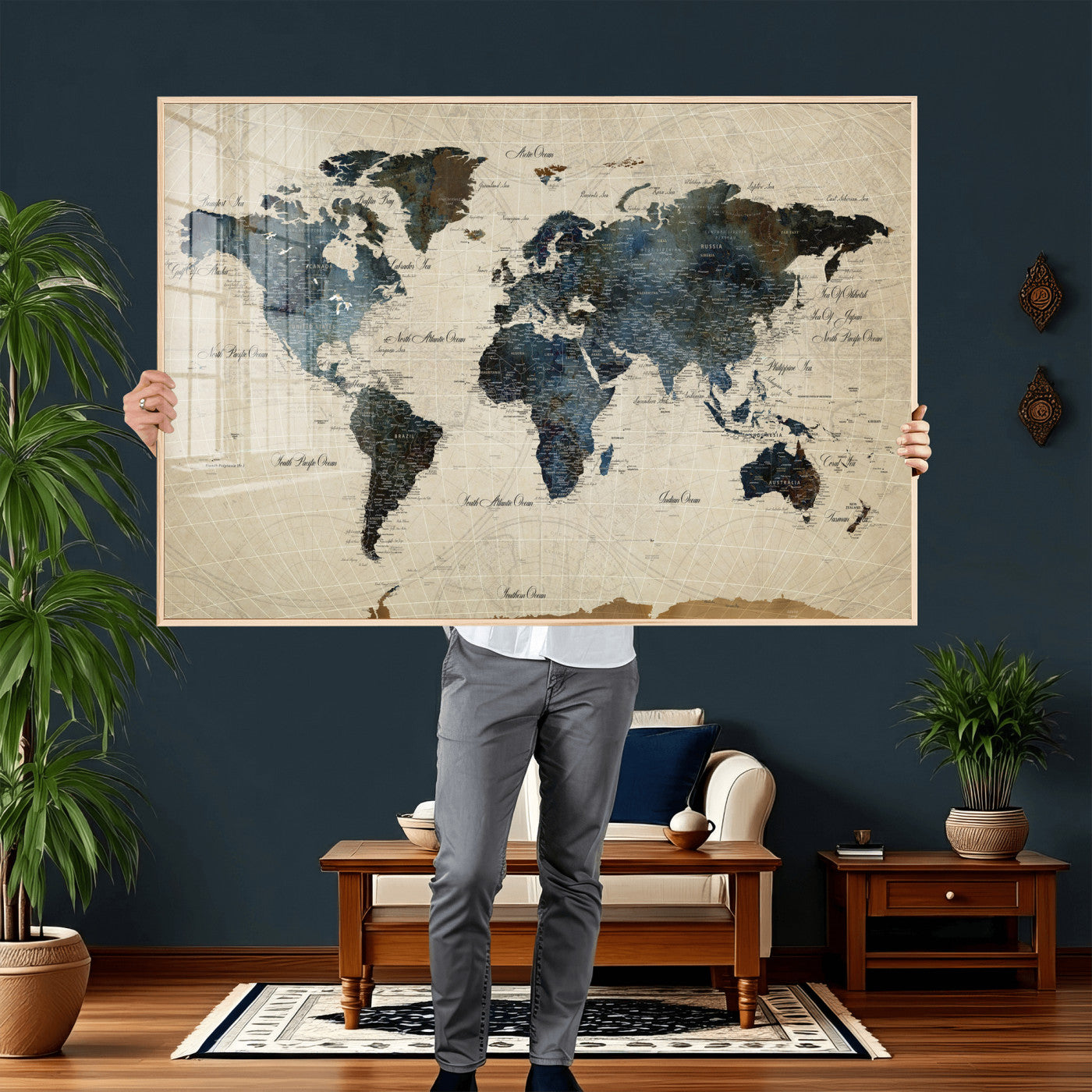 72927803-MGV-CV-36X24 - World Map Wall Art Canvas Print, Modern Decorative Framed Map Artwork Prints for Living Room, Office, Bedroom Wall Decor