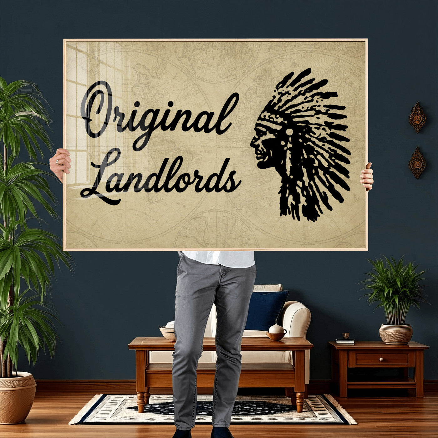 56844712-MGV-CV-36X24 - Original Landlords Wall Art Canvas Print, Native American Silhouette Artwork, Framed Wall Art Ready to Hang