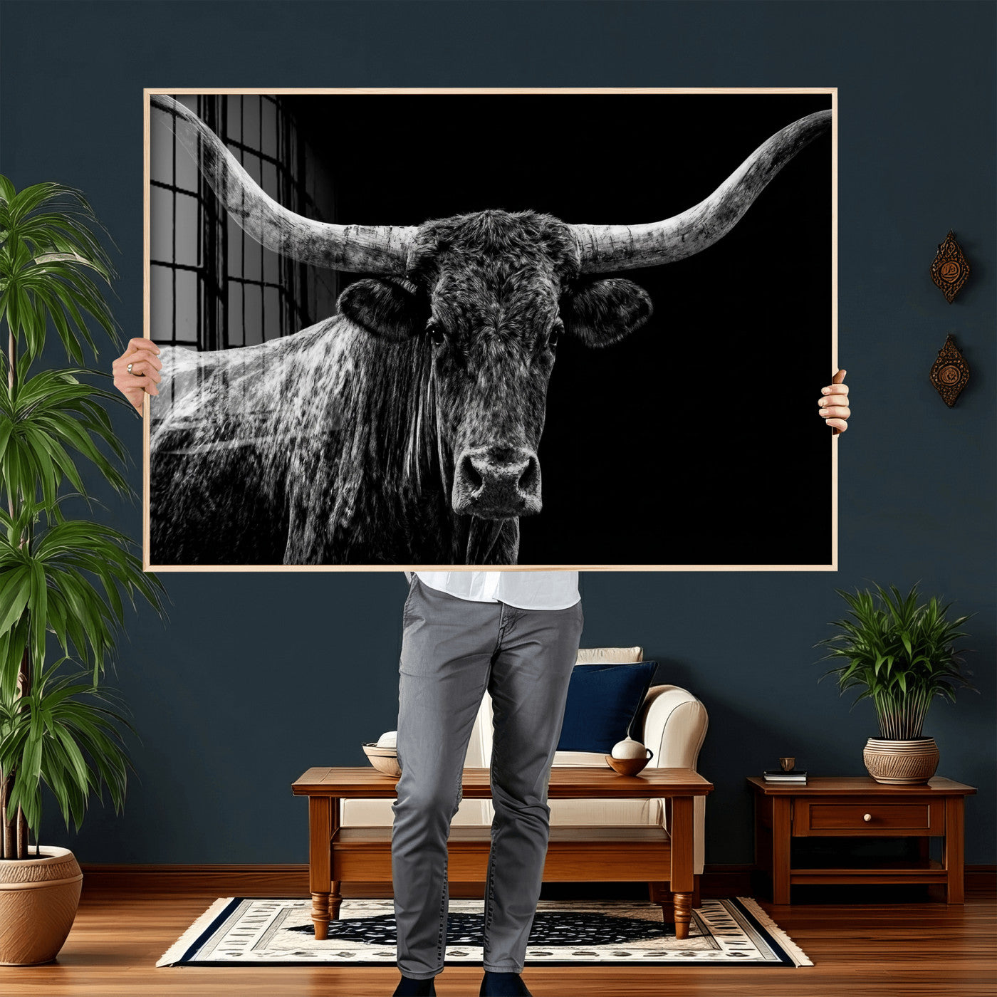 86568508-MGV-CV-36X24 - Vintage Texas Longhorn Bull Wall Art Canvas Print, Texas Cow Portrait Print, Framed Bull Wall Art Ready to Hang