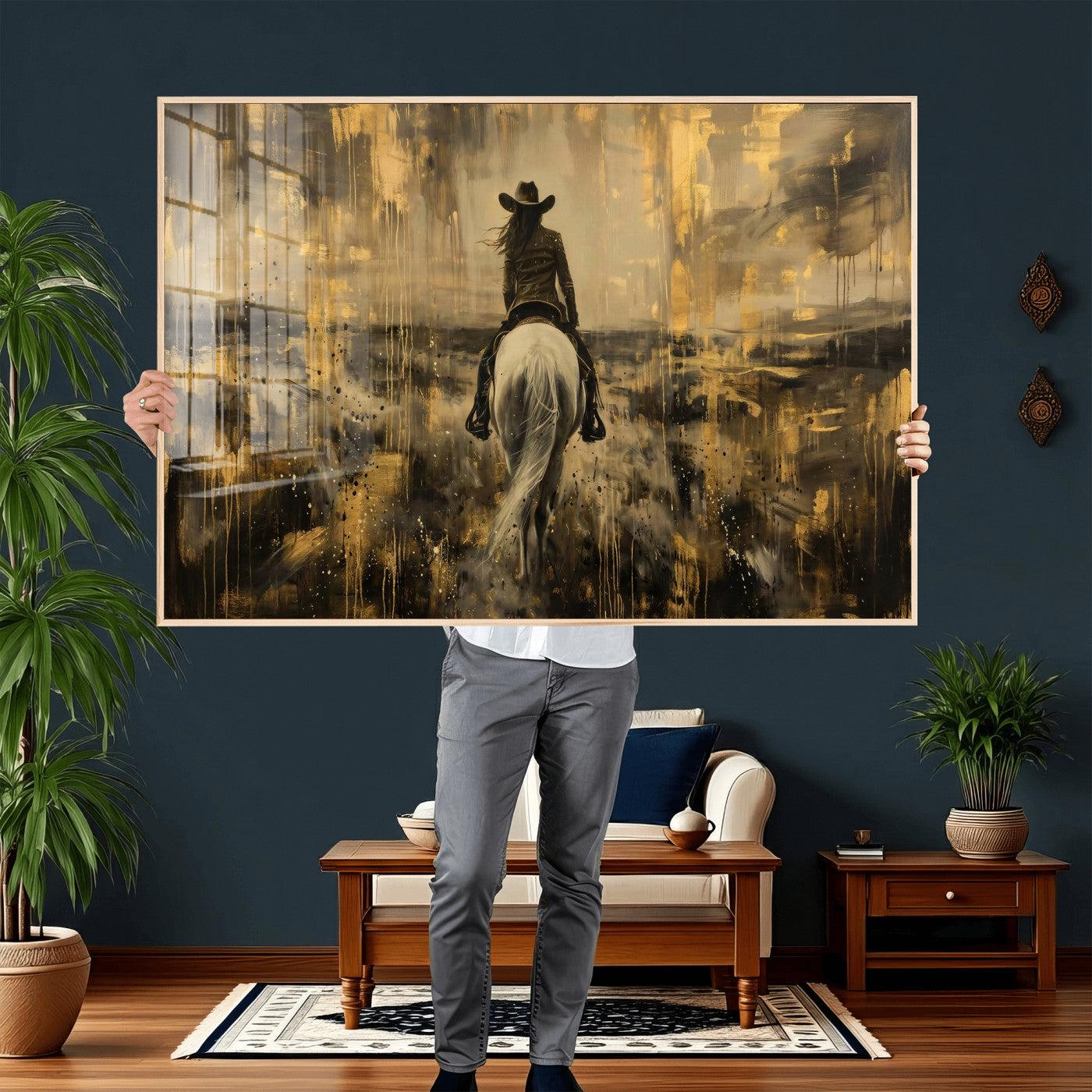 20465530-MGV-CV-36X24 - Cowgirl Wall Art Canvas Print, Western Horse Rider Wall Art, Framed Wall Art Ready to Hang